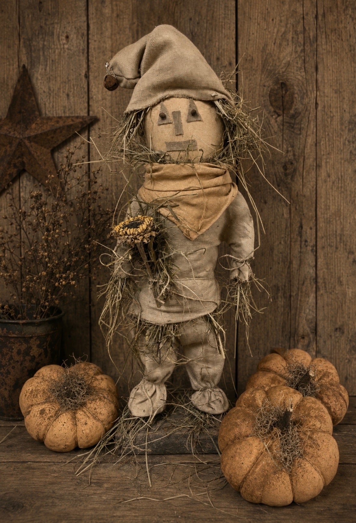 90s ​大型トールペイント ウッドドール ベリンディ scarecrow Primitive Grungy Scarecrow Doll On Stand 20x5 – Old Goat Primitives