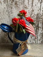 Primitive Geraniums In Antique Tea Pot Gathering 12x7
