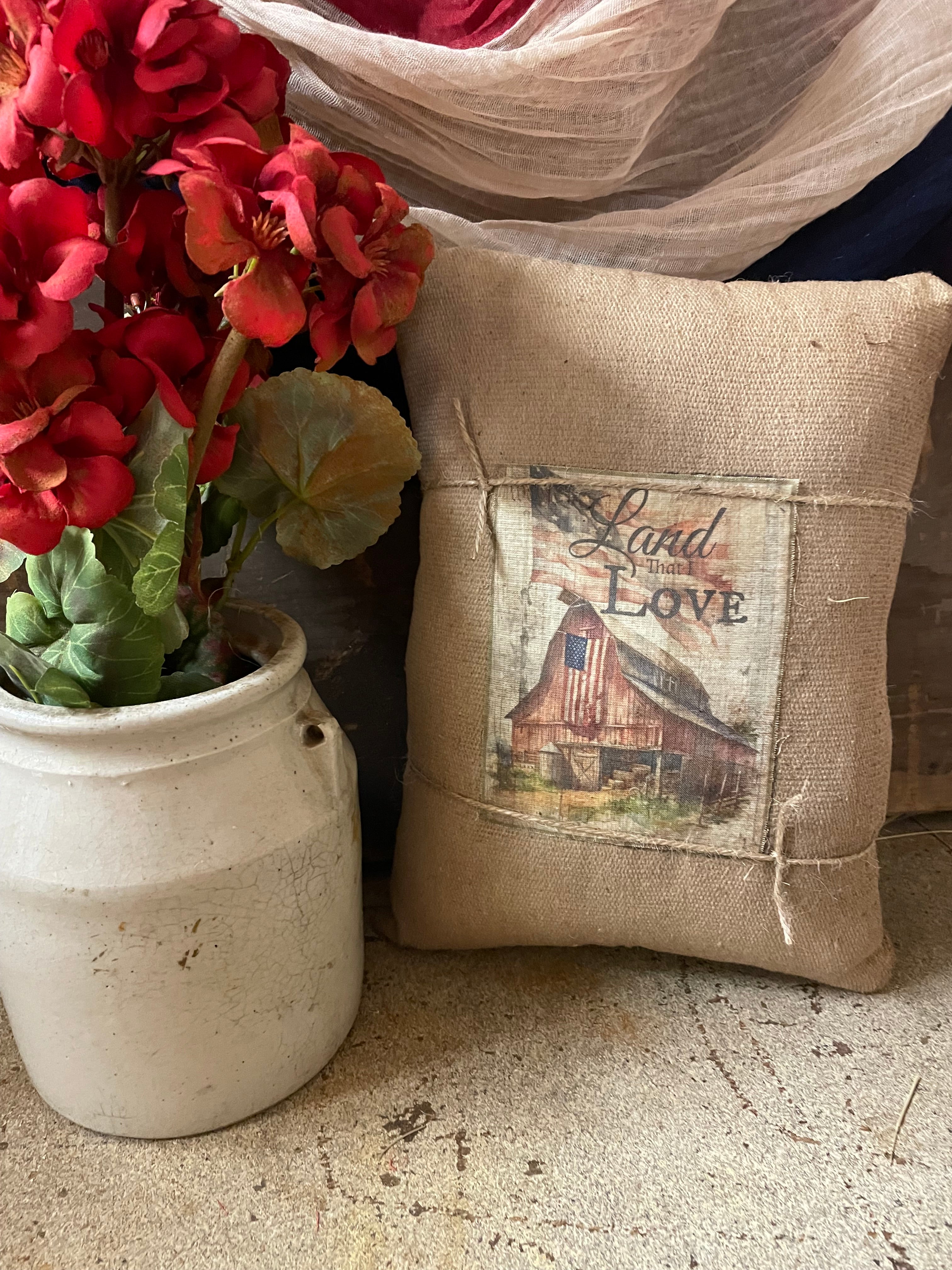 Small Primitive Americana Feedsac Pillow 10x8