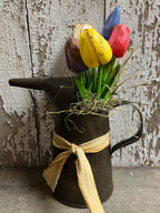 6 Primitive Tulips In Antique Oil Can Gathering 11x9