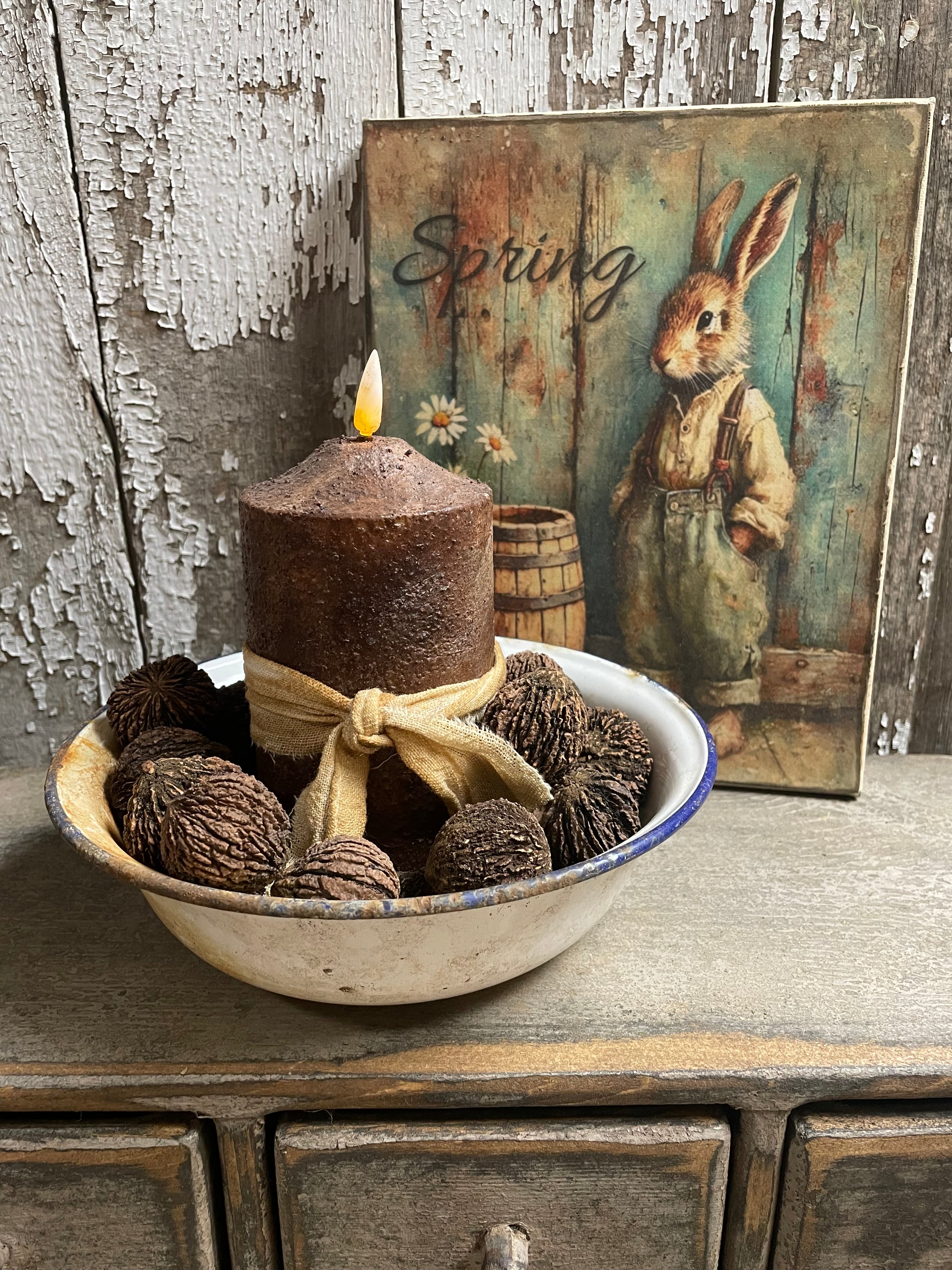 25 Primitives Black Walnuts And Candle In Enamelware Bowl 9x8