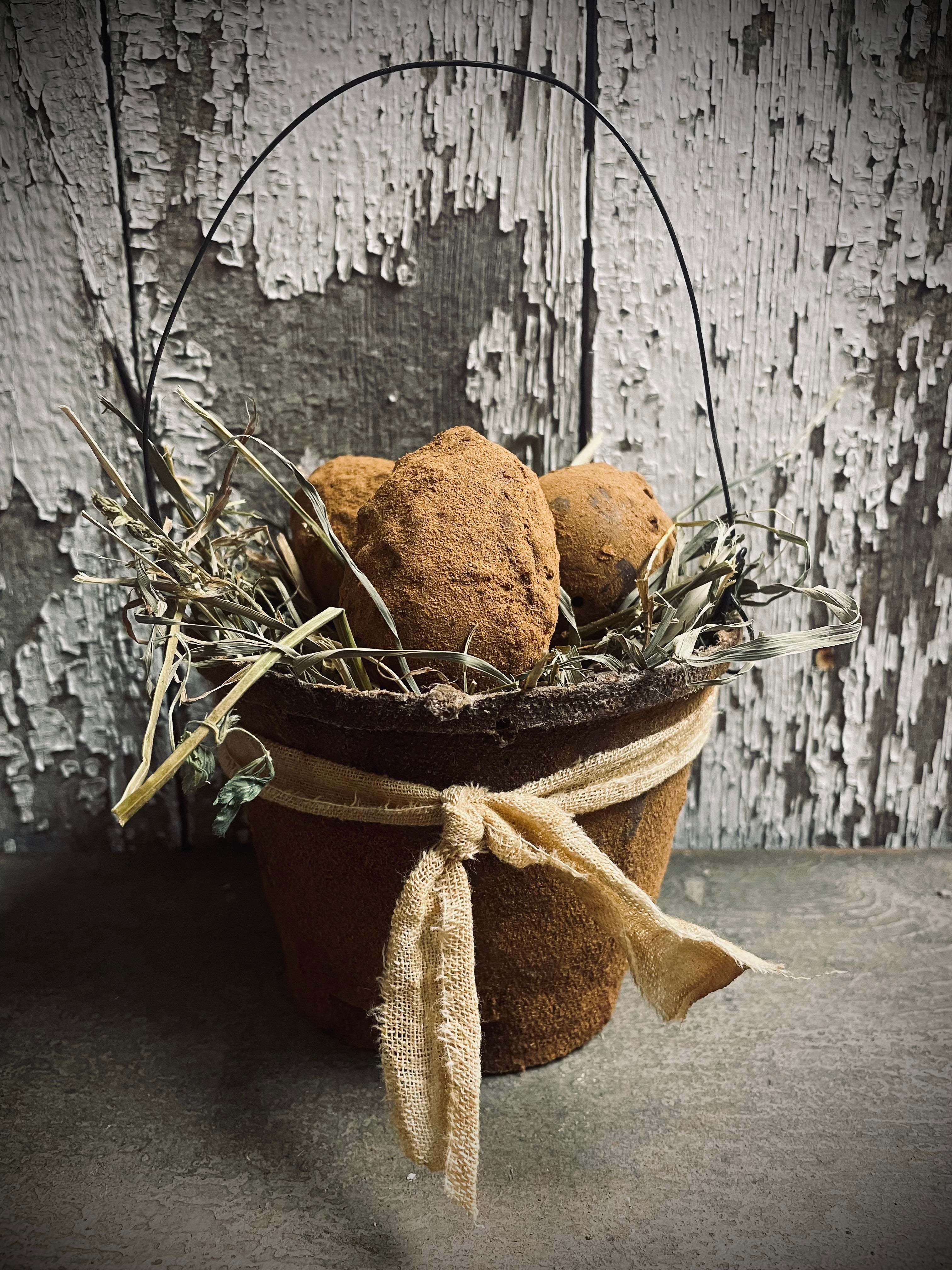 3 Primitive Blackened Wax Eggs In Basket Gathering 6x5
