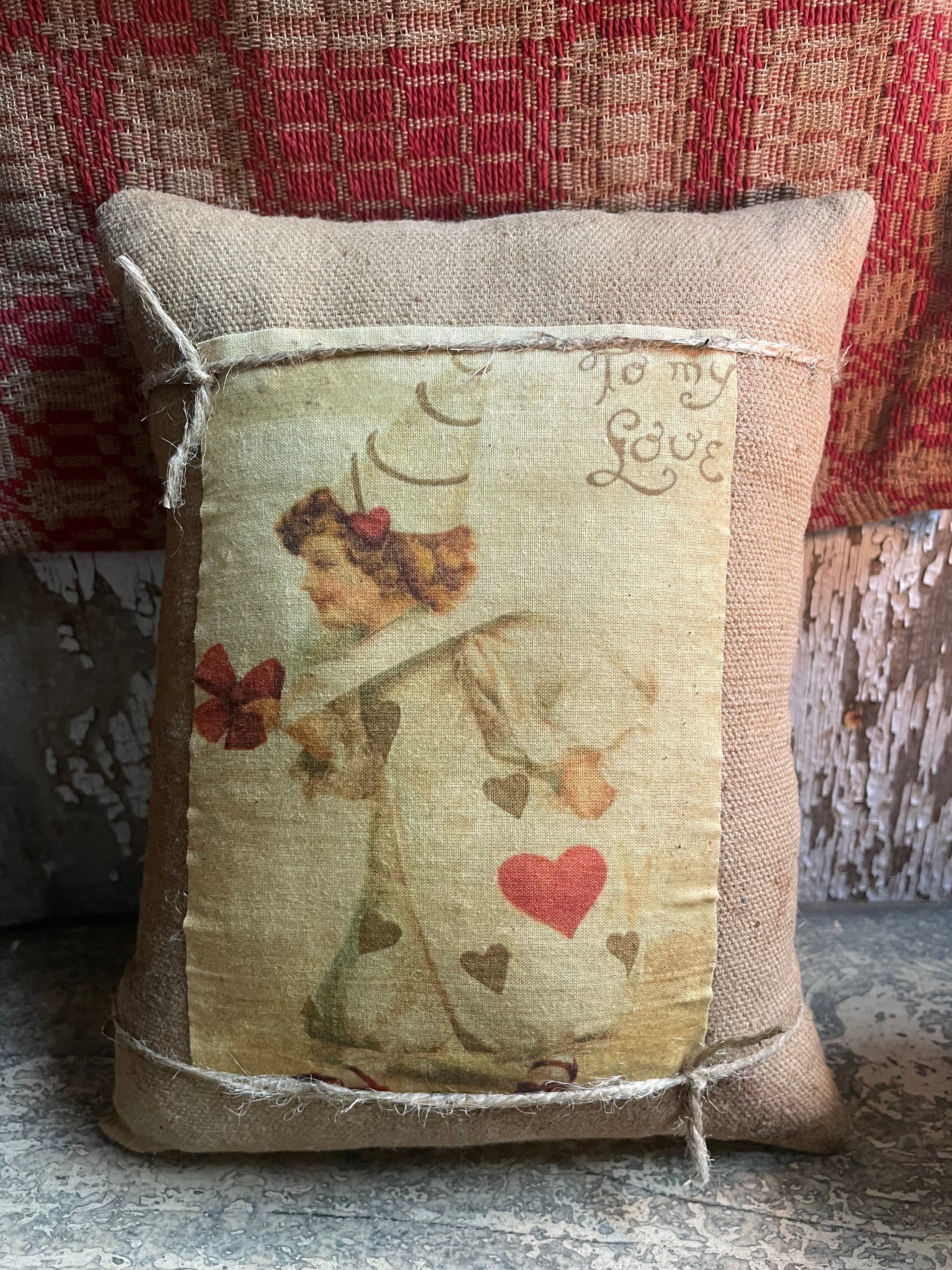 Small Primitive Valentines Feedsac Pillow 10x8
