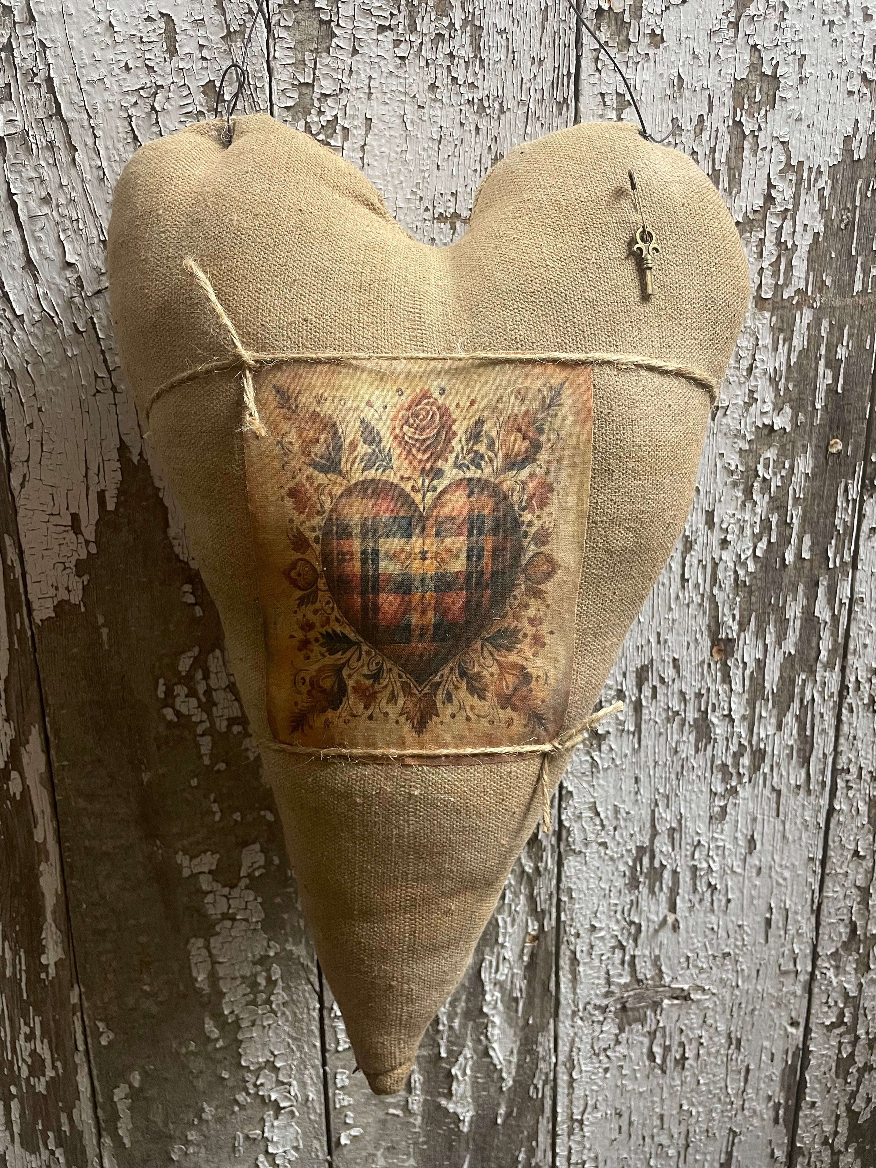 Primitive Grungy Feedsac Heart Door Hanger With Picture Tan 18x11