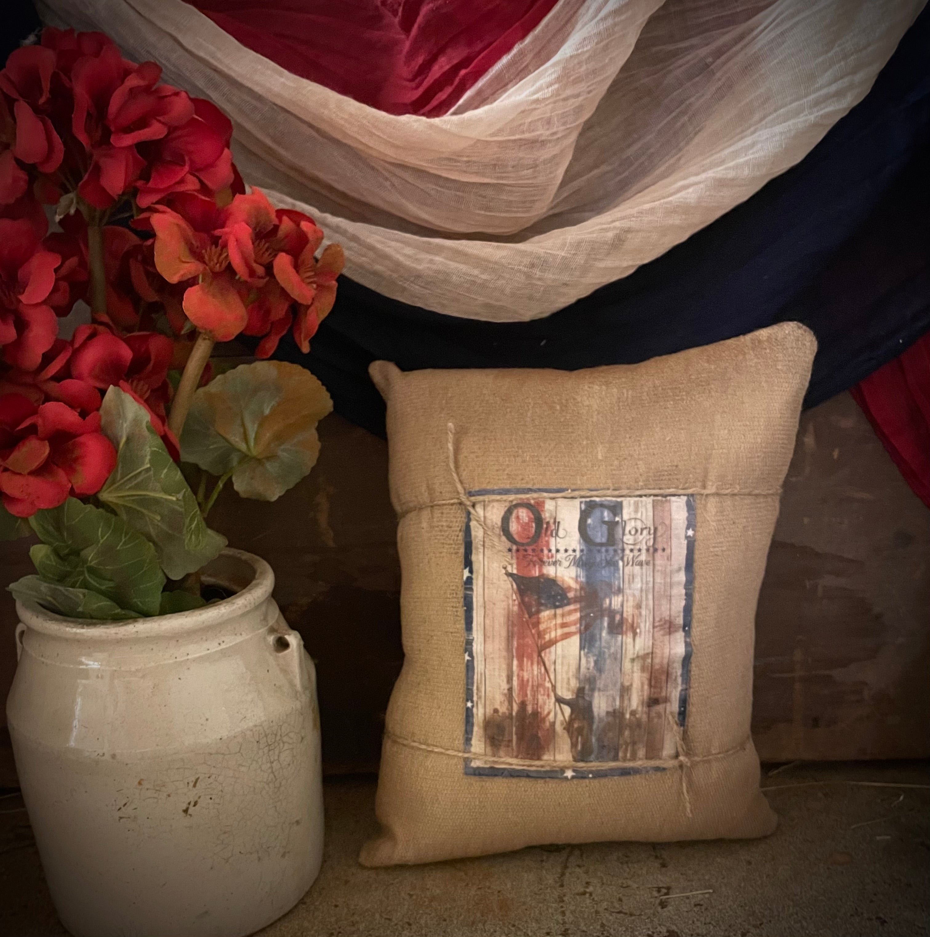 Small Primitive Americana Feedsac Pillow 10x8