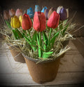Large Primitive Grunged Faux Tulips In Pot 8x6 Red, White, Pink, Yellow, Blue Or Purple