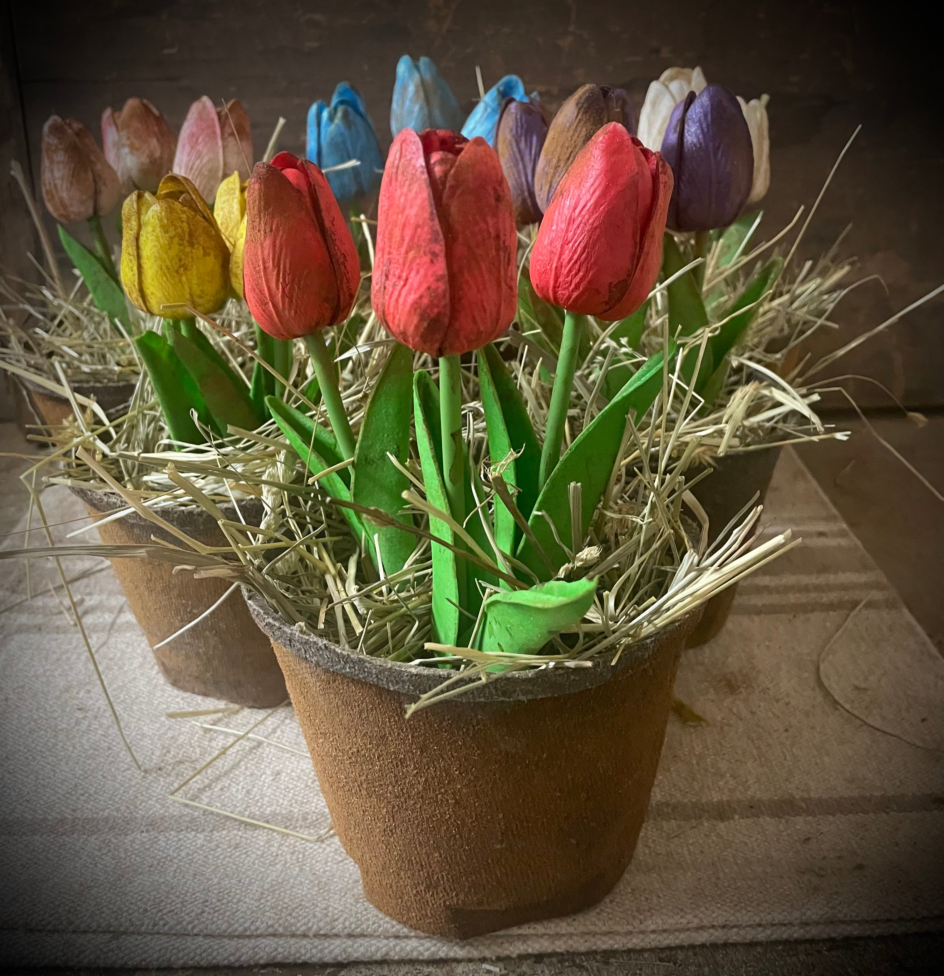 Large Primitive Grunged Faux Tulips In Pot 8x6 Red, White, Pink, Yellow Or Purple