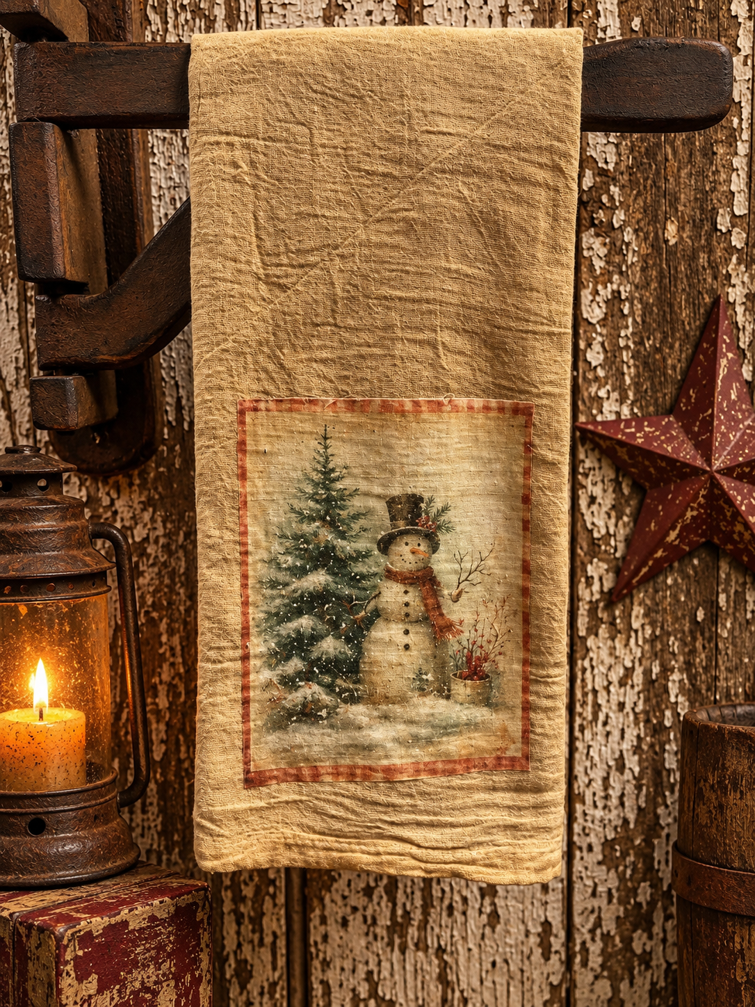 Primitive Decorative Winter Flour Sac Towel With Picture 28x29