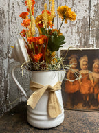 Primitive Flowers In Antique Enamelware Tea Pot Gathering 8x16