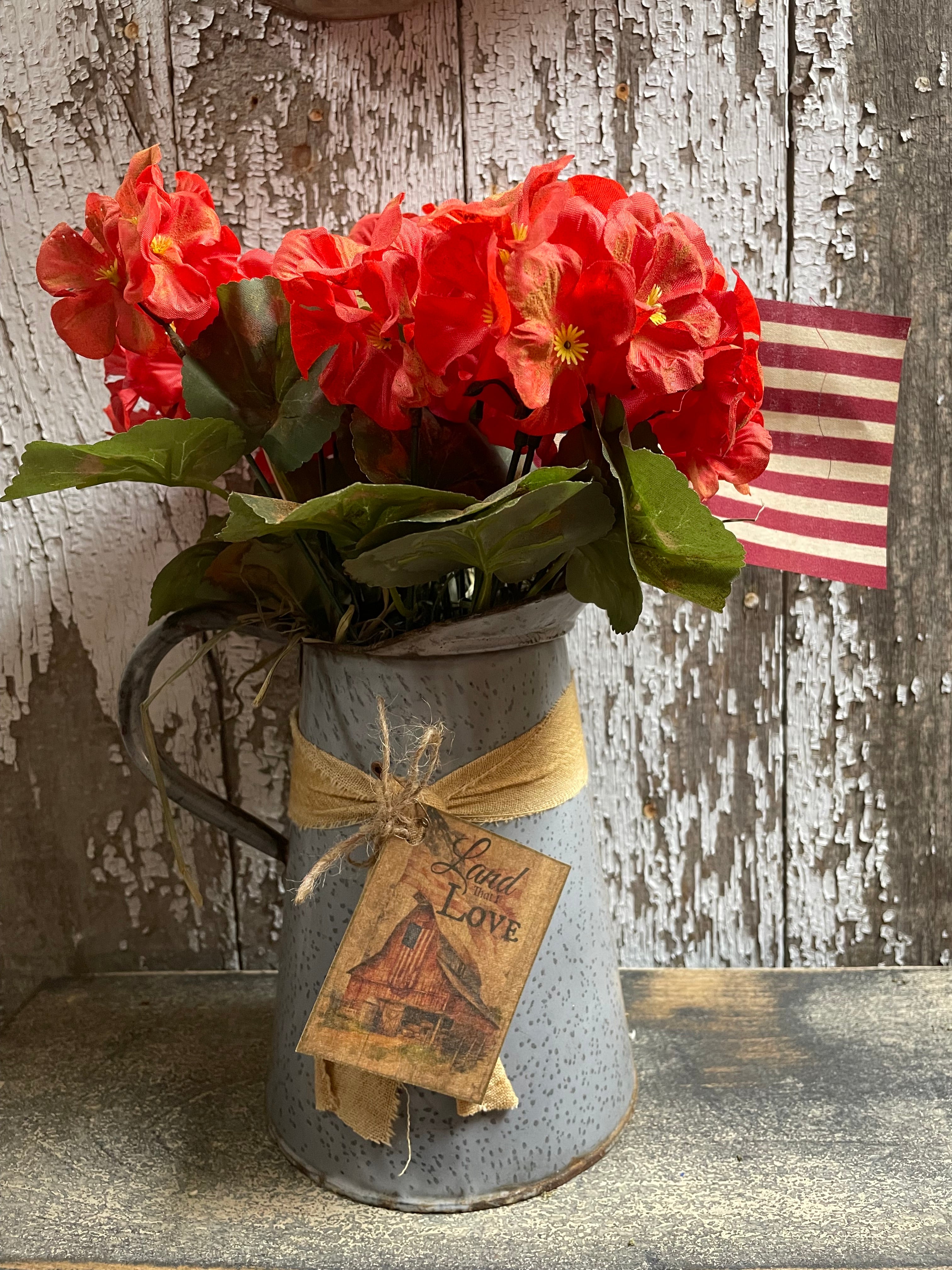 Primitive Geraniums In Antique Pitcher 13x7