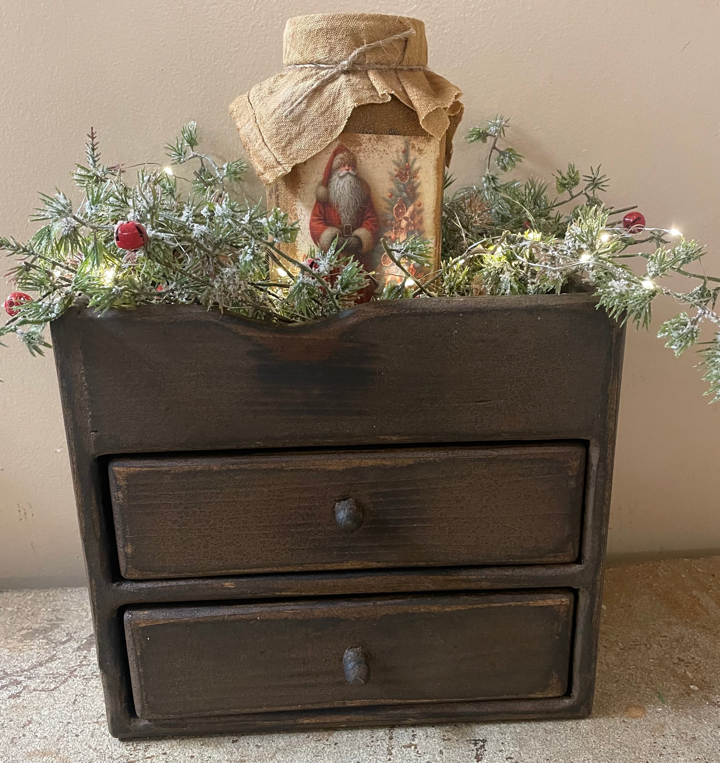 Primitive Wooden Two Drawer Cubby 10x9x8 Brown Over Mustard