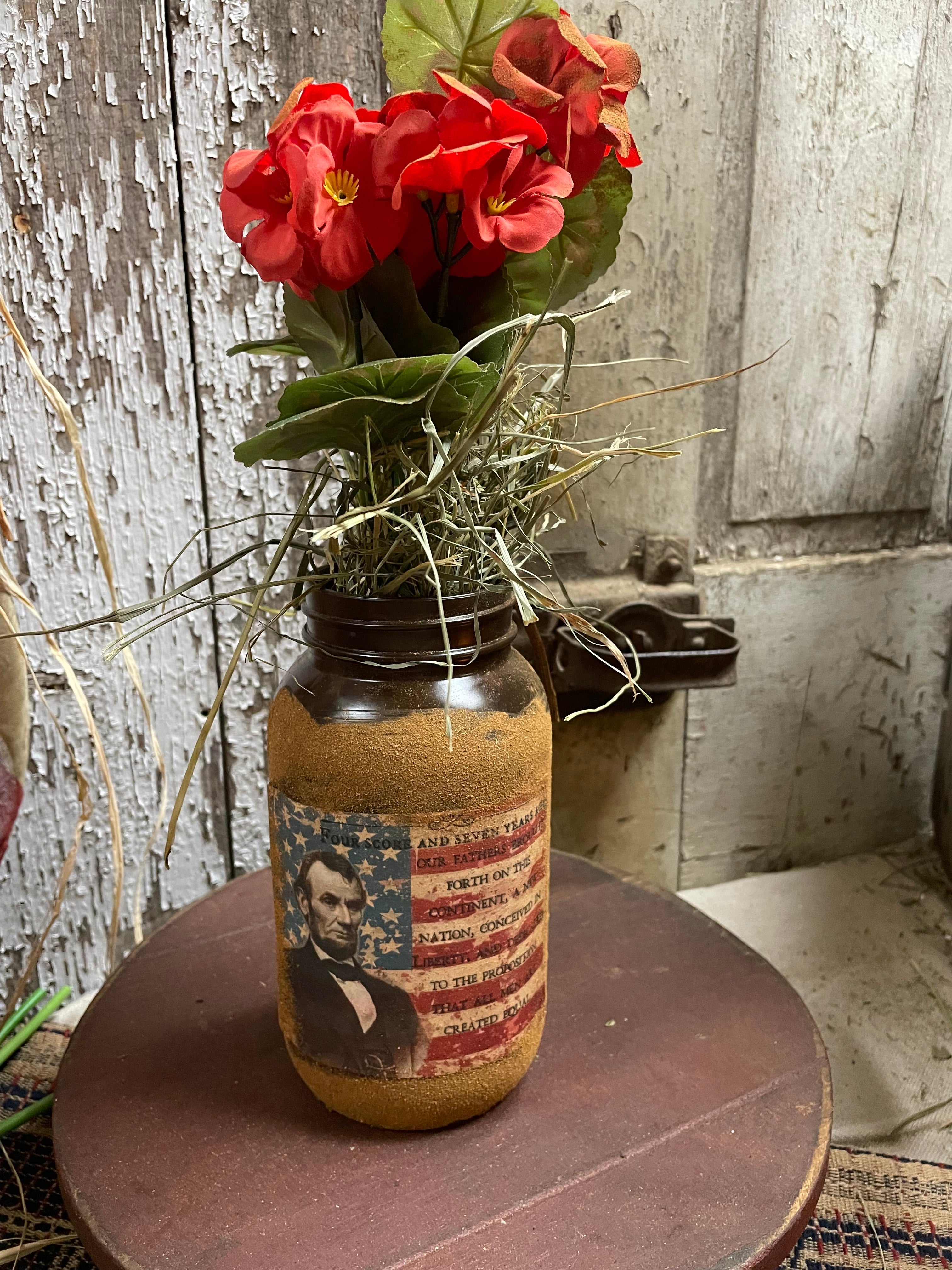 Primitive Geraniums In Jar With Picture 12x5