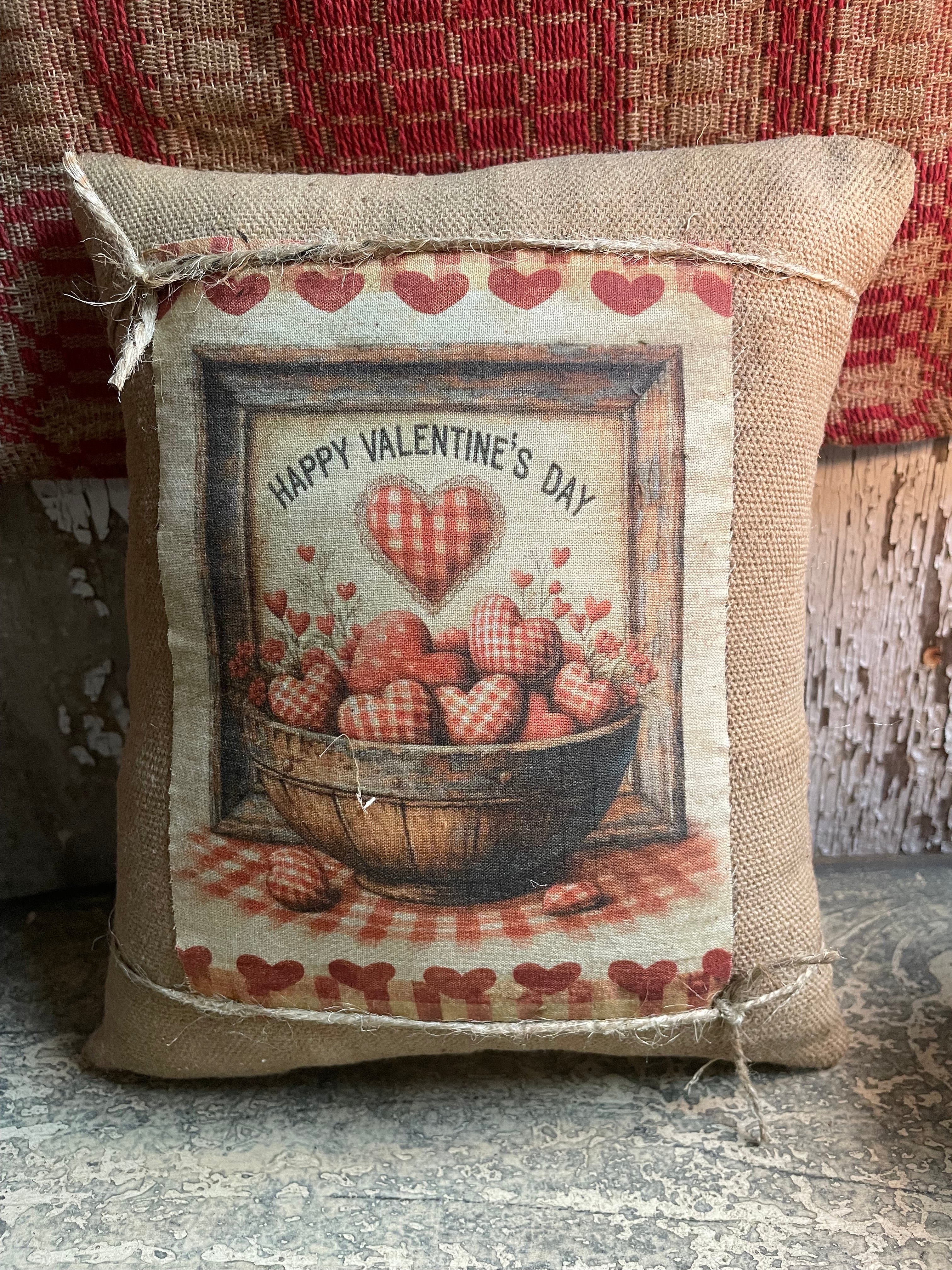 Small Primitive Valentines Feedsac Pillow 10x8