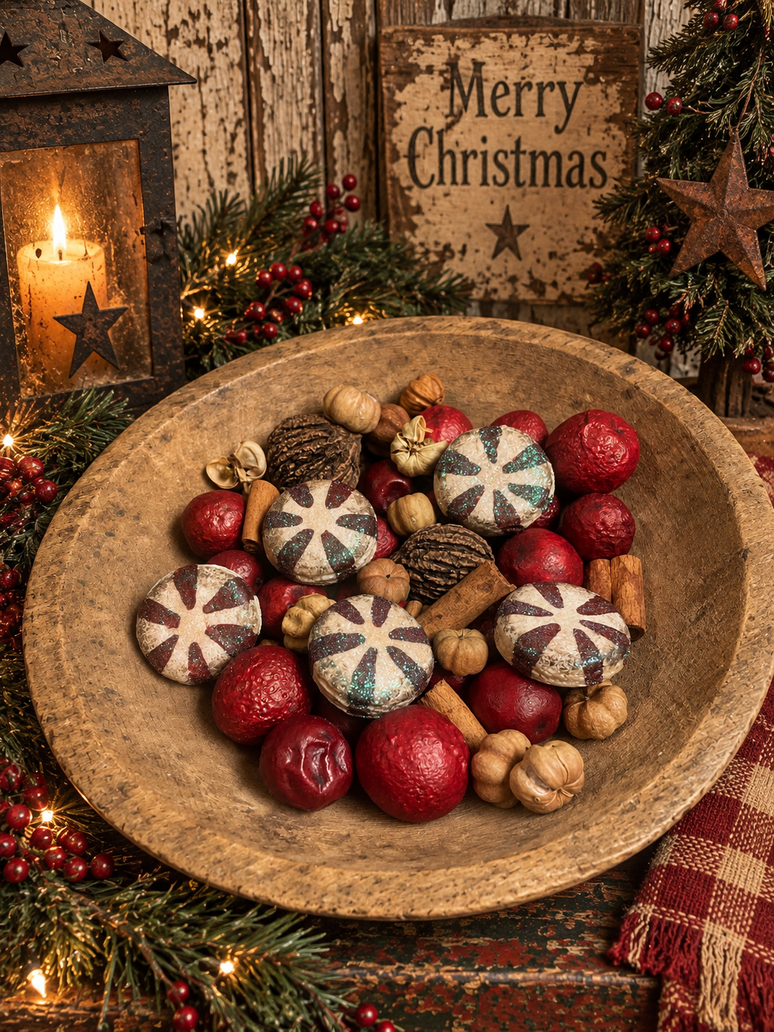 Primitive Peppermint Salt Dough With Dried Goods Bowl Fillers