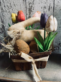 Primitive Easter Bunny In Berry Basket Gathering 10x9