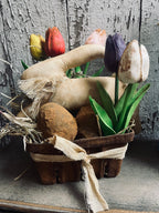 Primitive Easter Bunny In Berry Basket Gathering 10x9