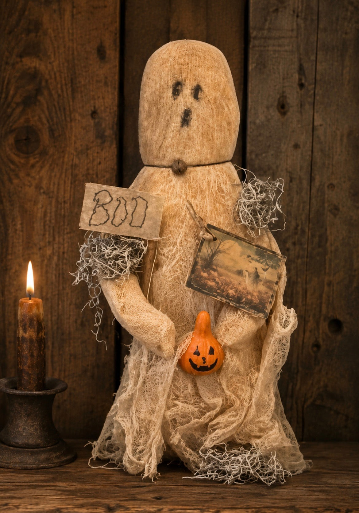 Primitive Grungy Ghost Doll On Stand 16x5