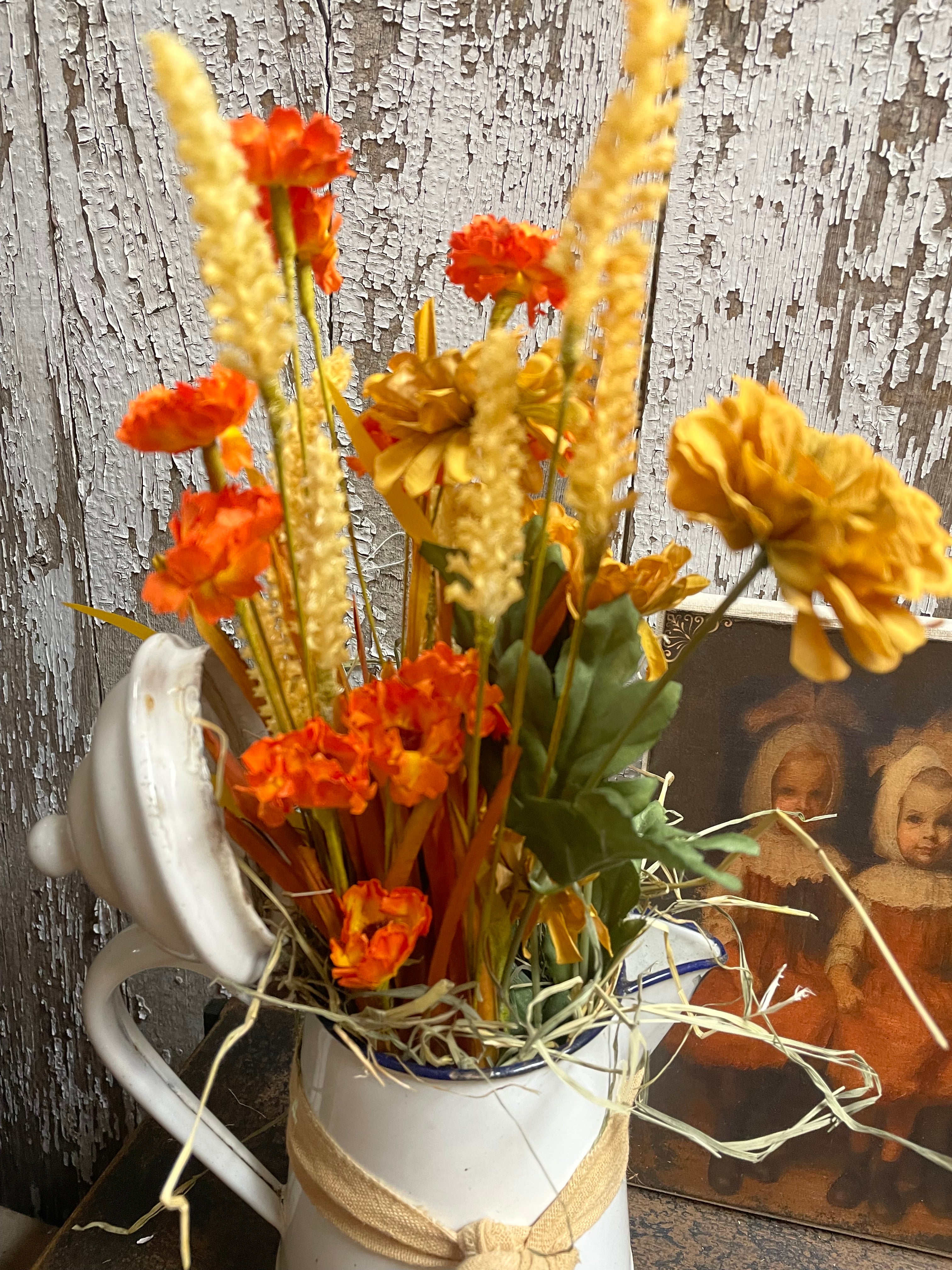 Primitive Flowers In Antique Enamelware Tea Pot Gathering 8x16