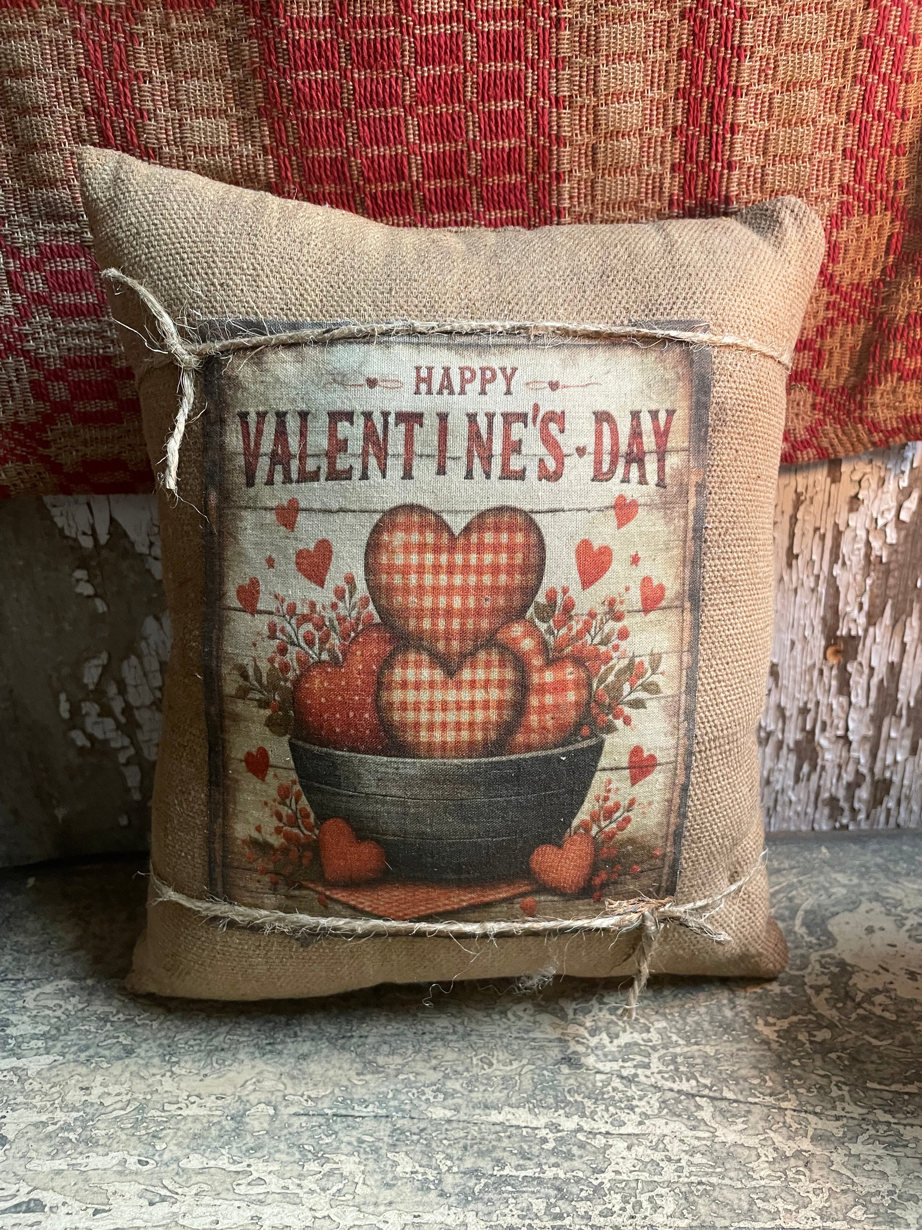 Small Primitive Valentines Feedsac Pillow 10x8