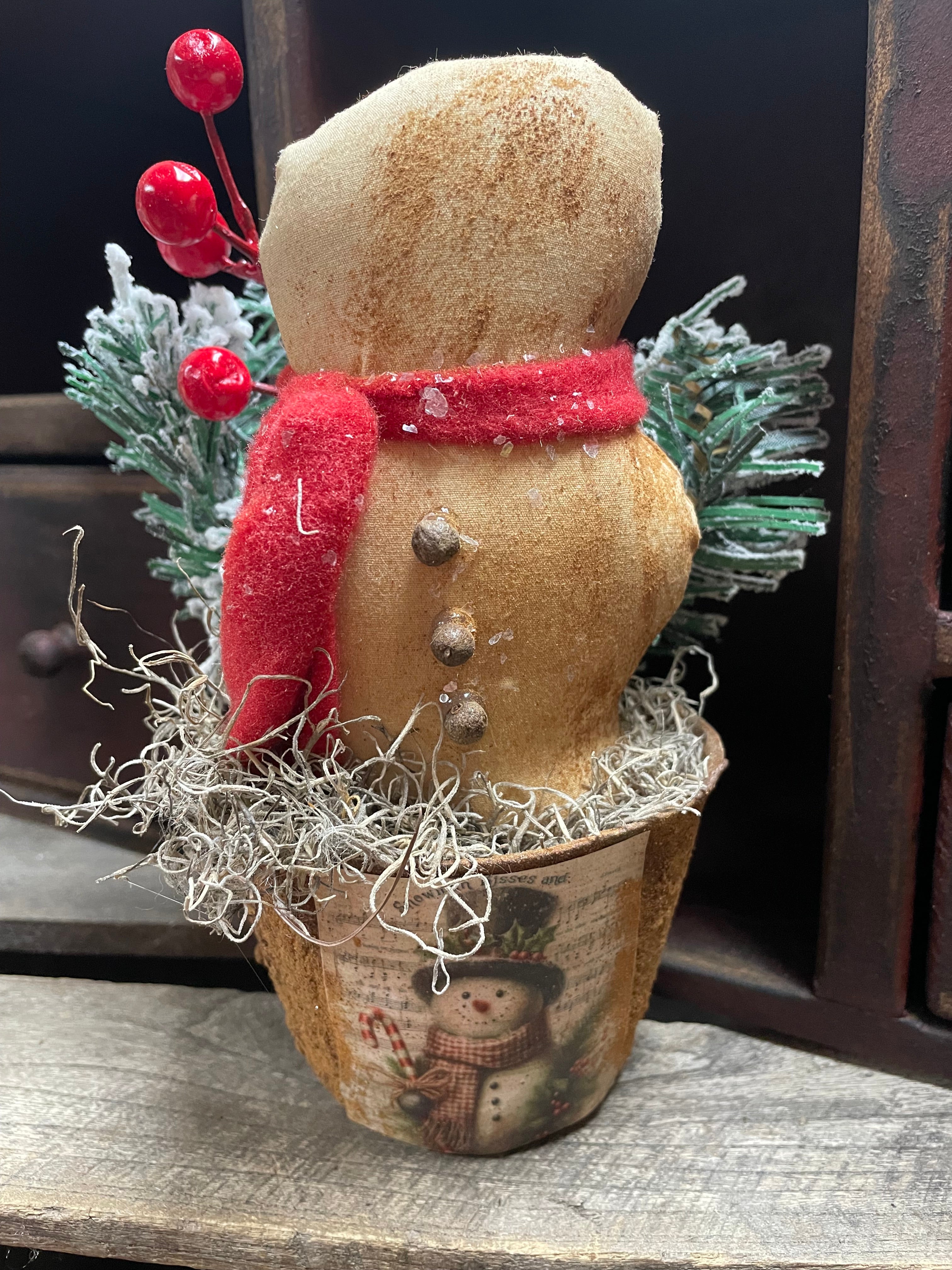Primitive Grungy Christmas Snowman In Pot 8x4