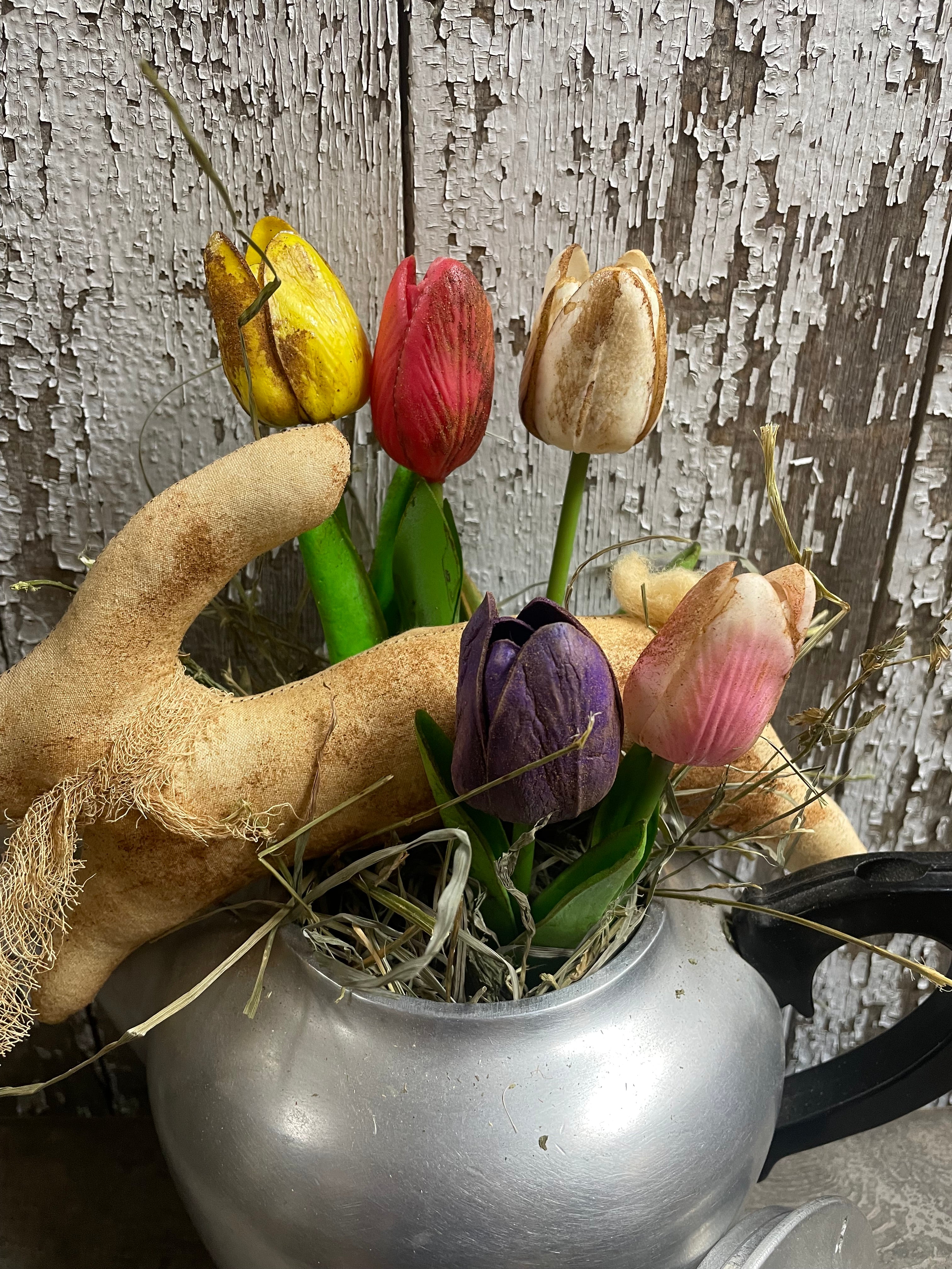 5 Primitive Tulips And Bunny In Antique Tea Pot Kettle Gathering 12x10