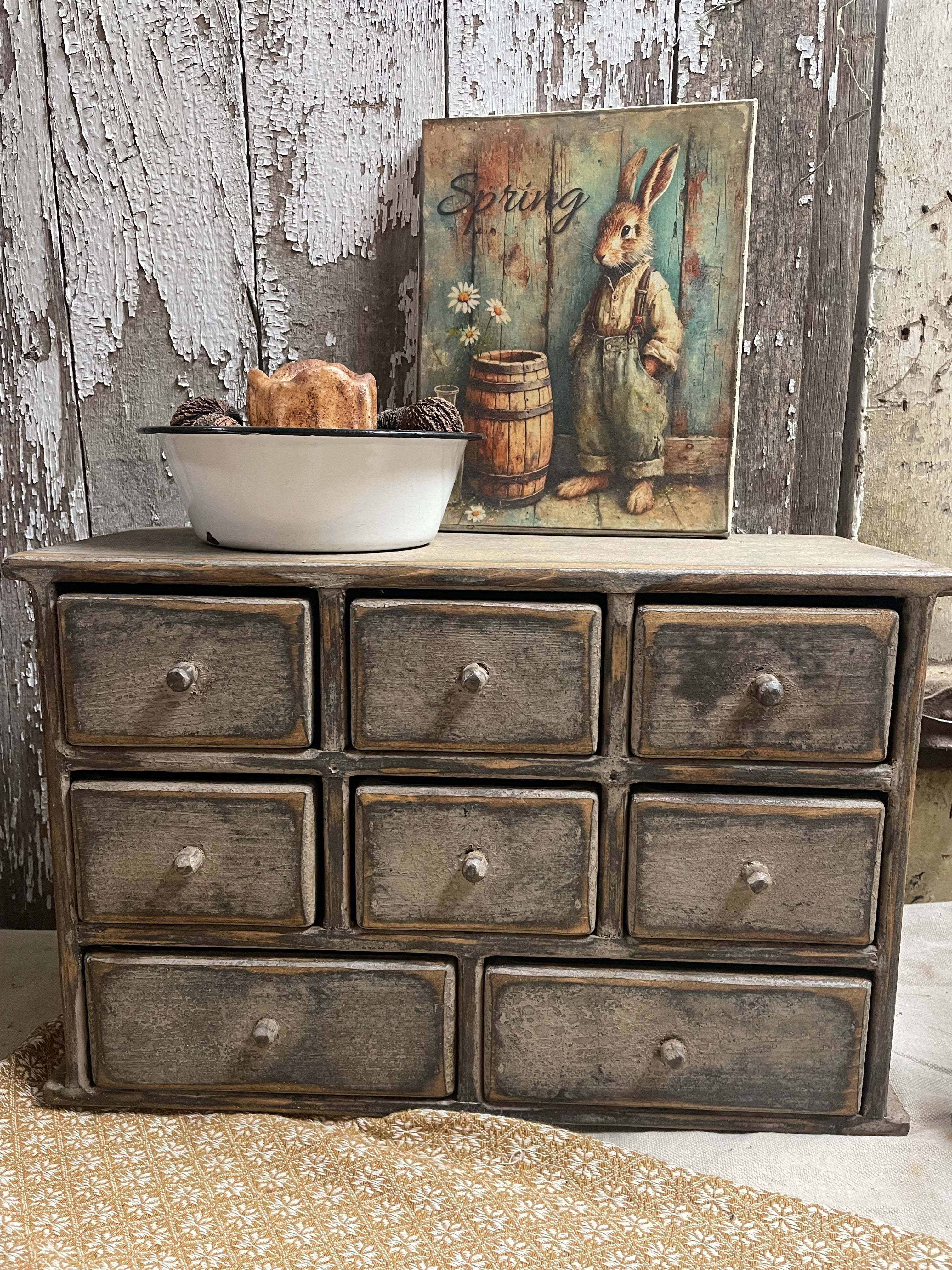 Primitive Wooden Eight Drawer Apothecary 18x12x8 Cobblestone