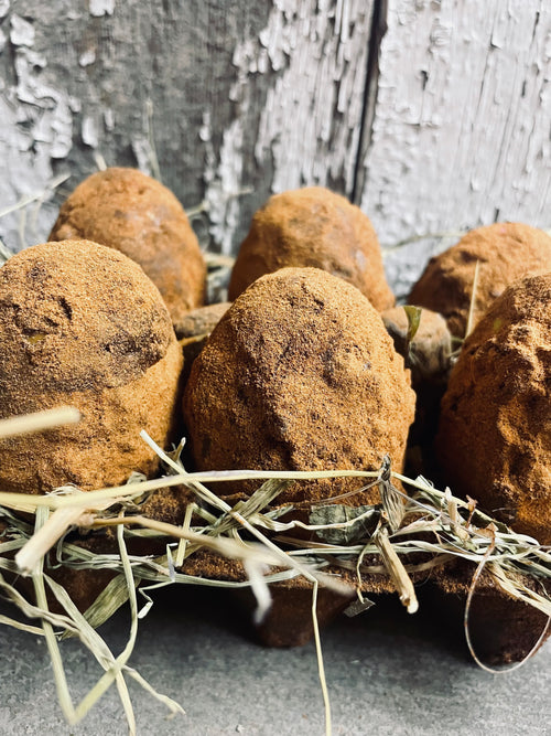 6 Primitive Blackened Wax Eggs In Egg Carton Gathering 6x4