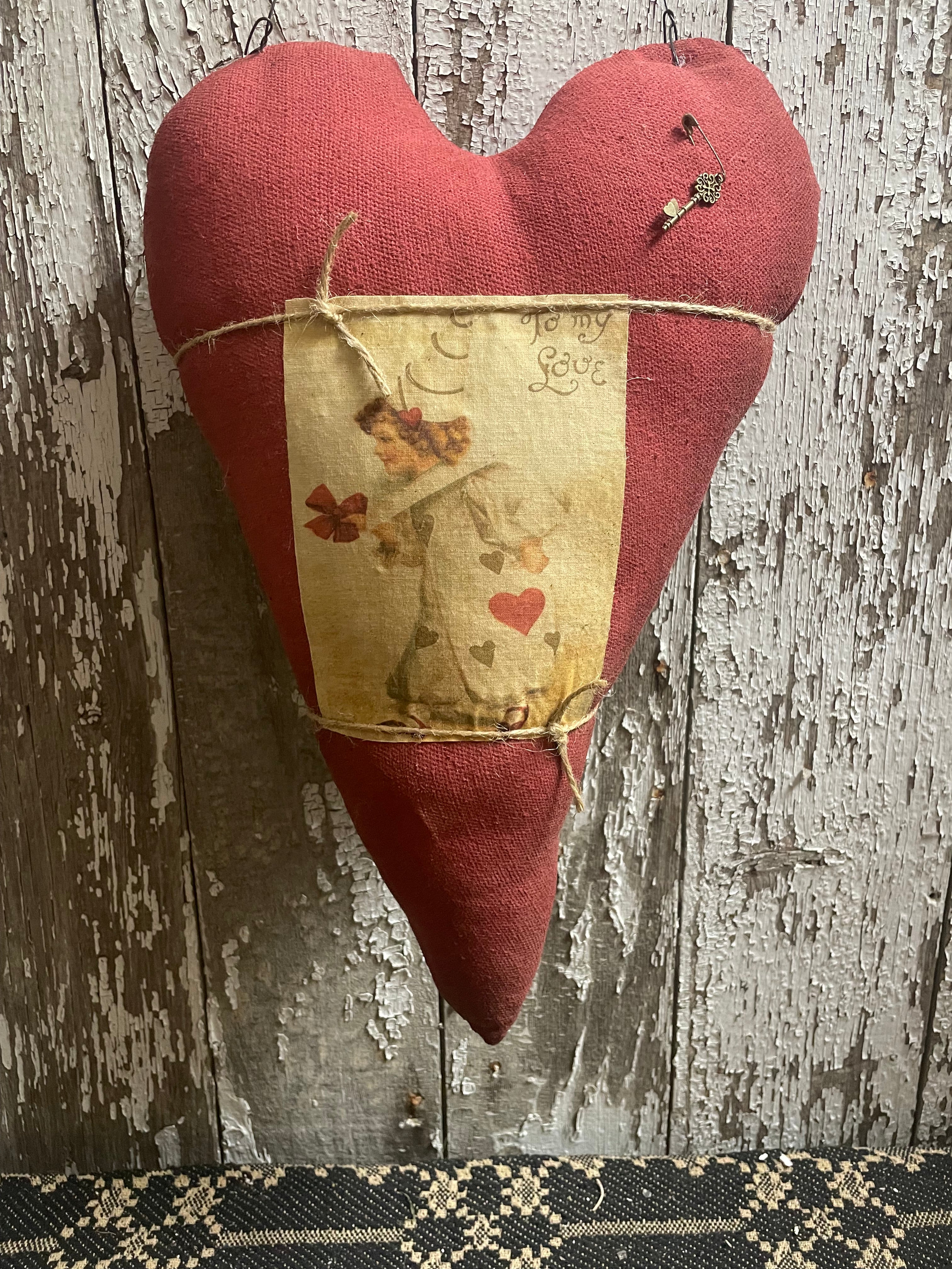 Primitive Grungy Feedsac Heart Door Hanger With Picture Red 18x11