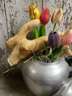 5 Primitive Tulips And Bunny In Antique Tea Pot Kettle Gathering 12x10