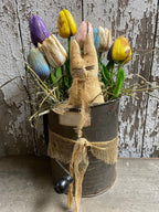 Primitive Peep And Ten Tulips In Antique Sifter Gathering 12x7