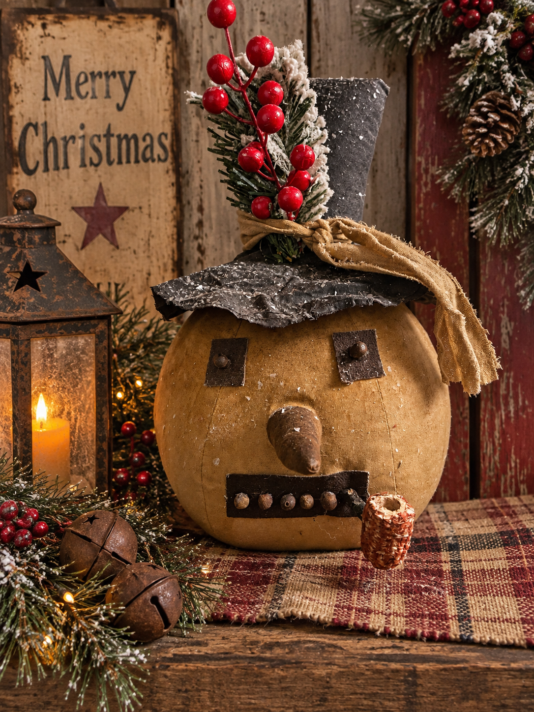 Primitive Snowman Head With Pipe 12x8