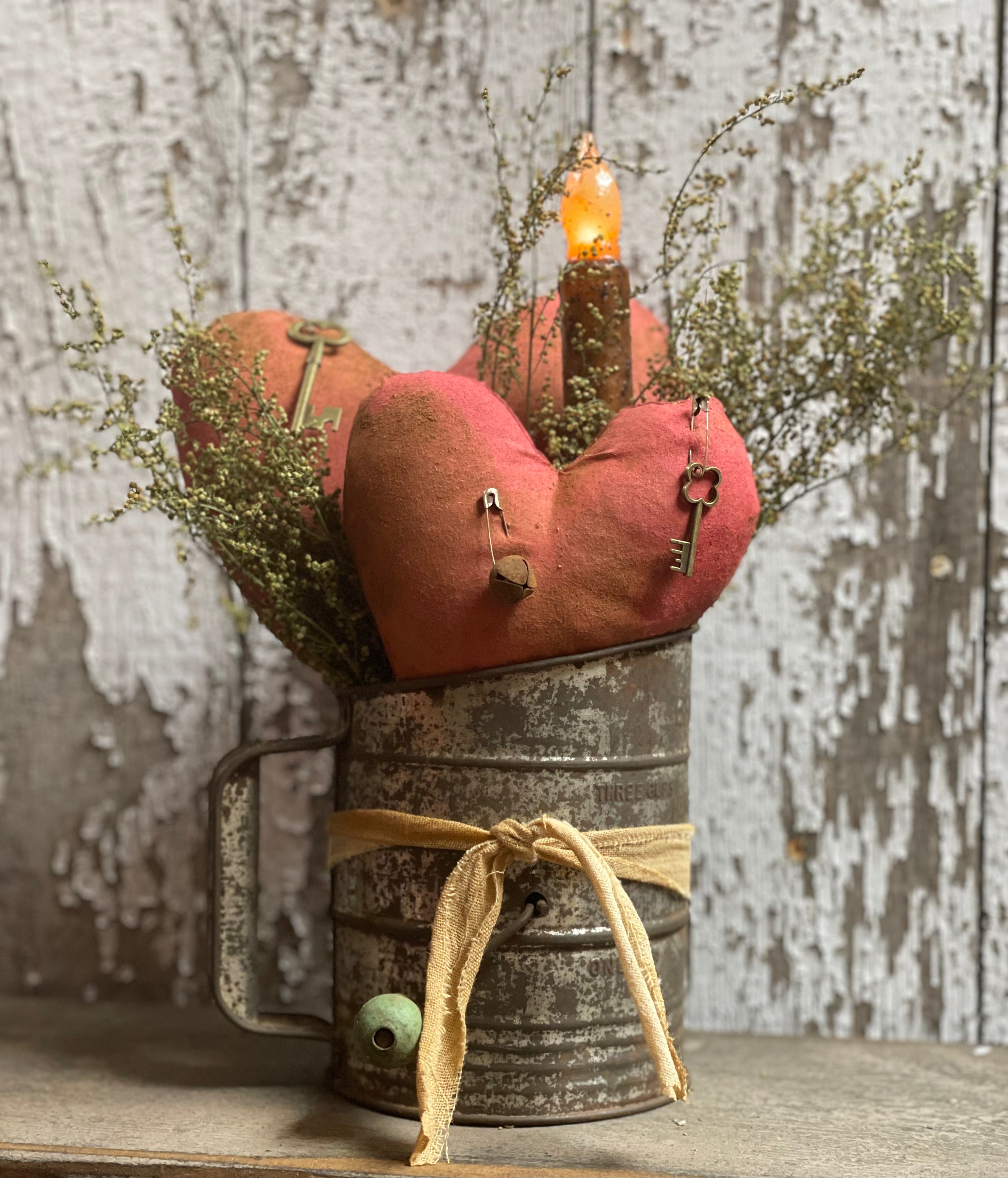 Primitive Valentines Hearts In Antique Sifter Gathering 12x6