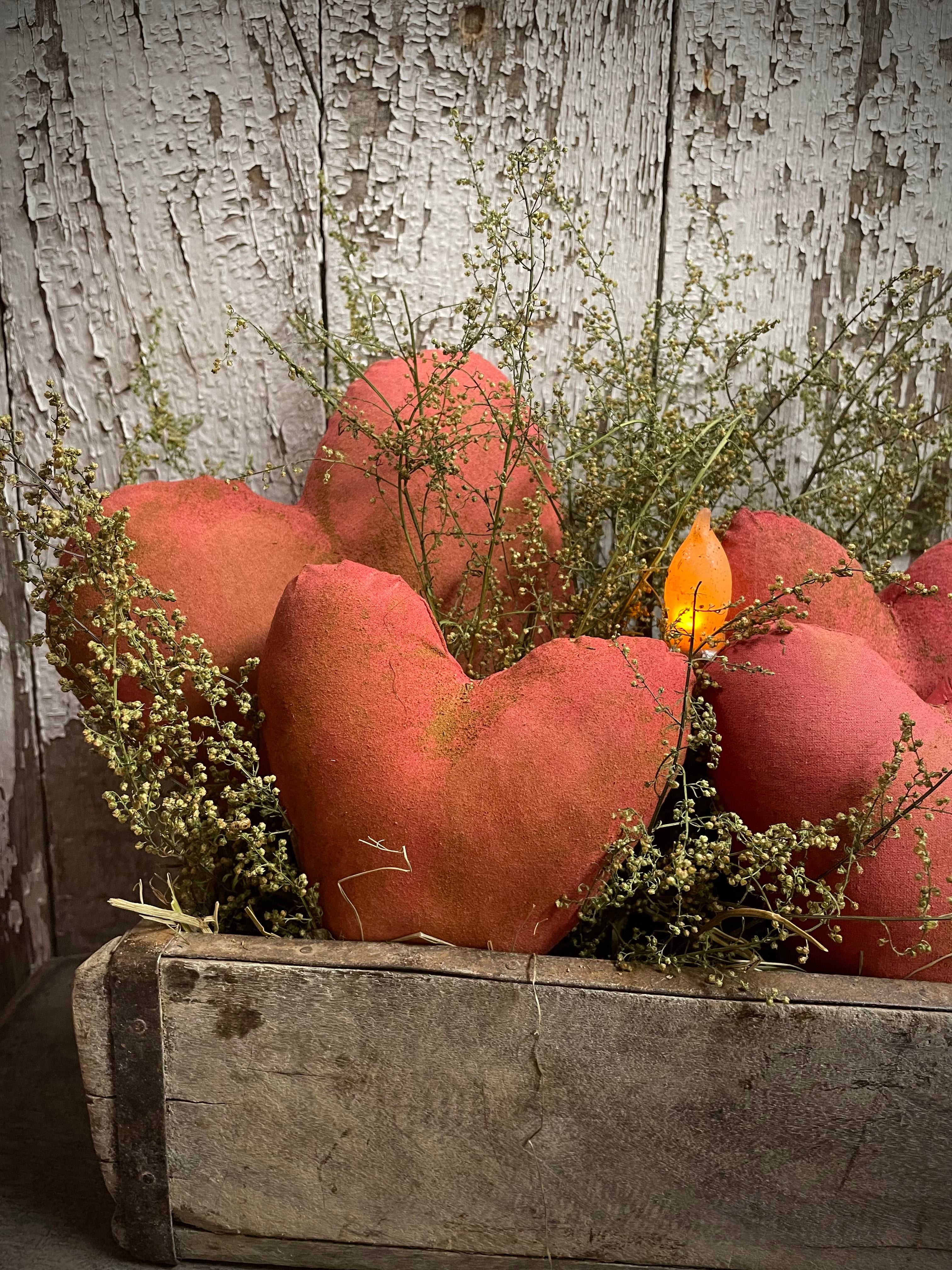 Primitive Valentines Hearts In Antique Brick Mold Gathering 12x11