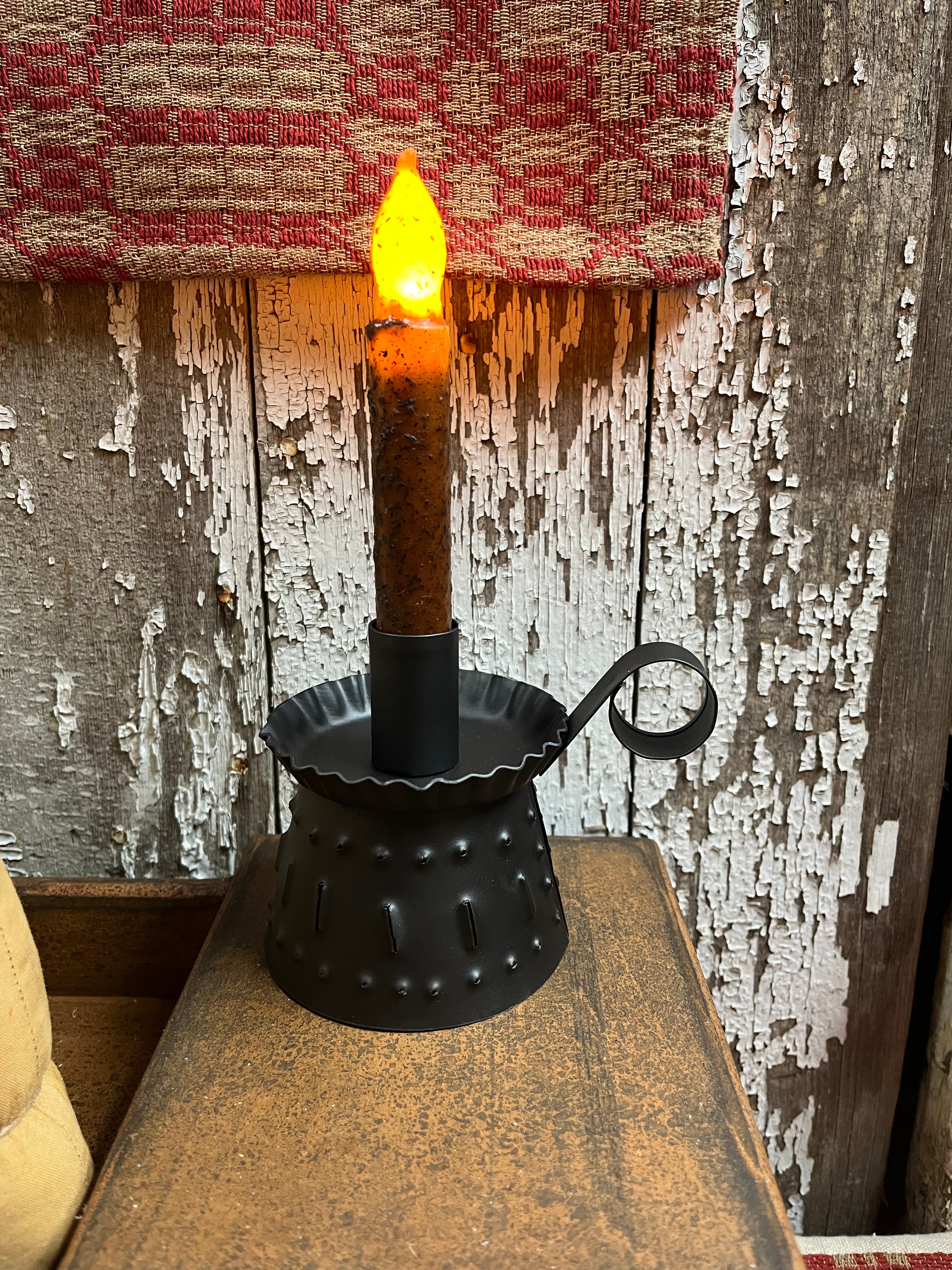 Primitive Jefferson Punch Tin Candle Holder 4x4 With Candle Black Tin