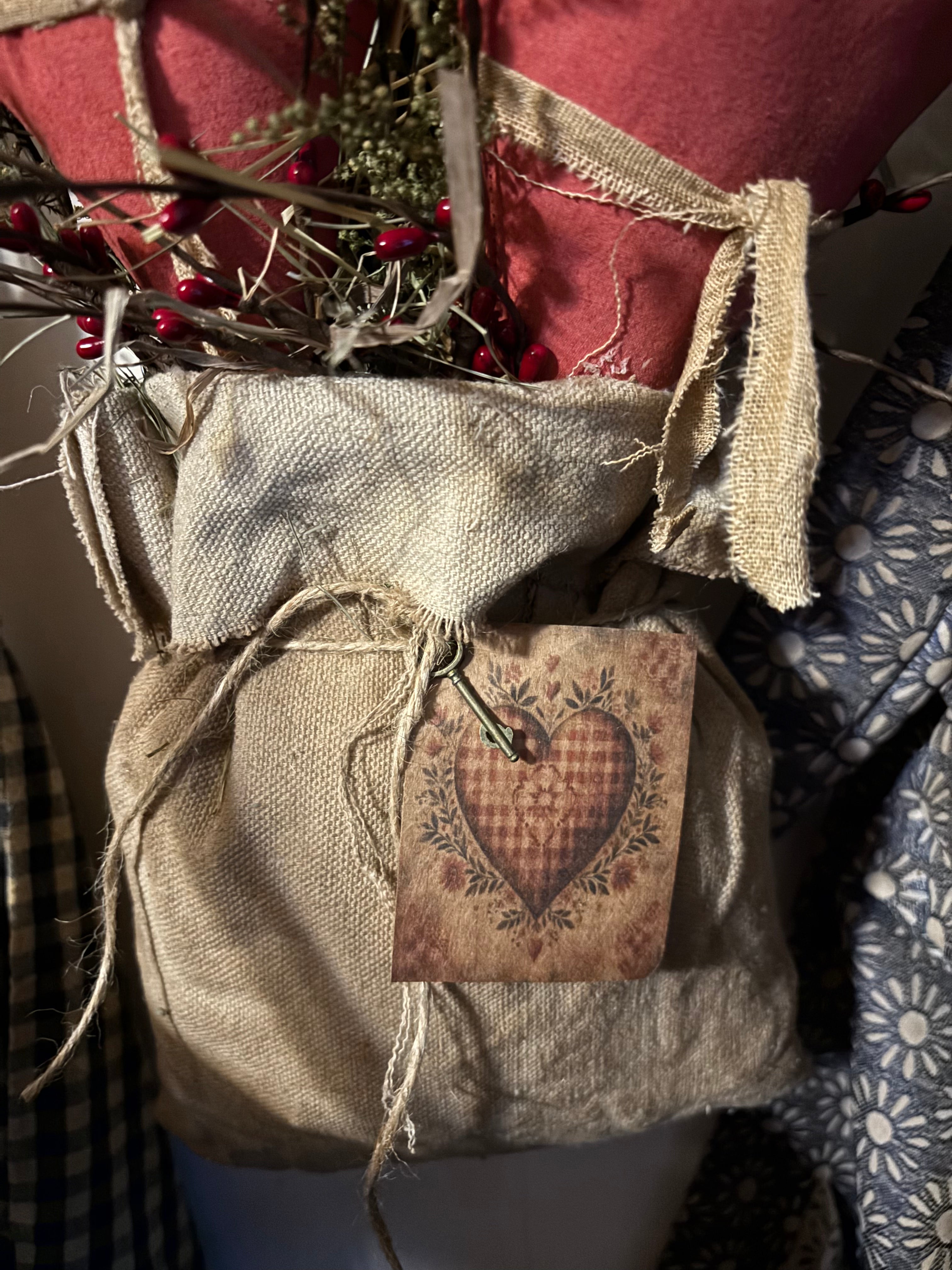 Primitive Valentines Two Hearts In Feedsac Bag 15x7