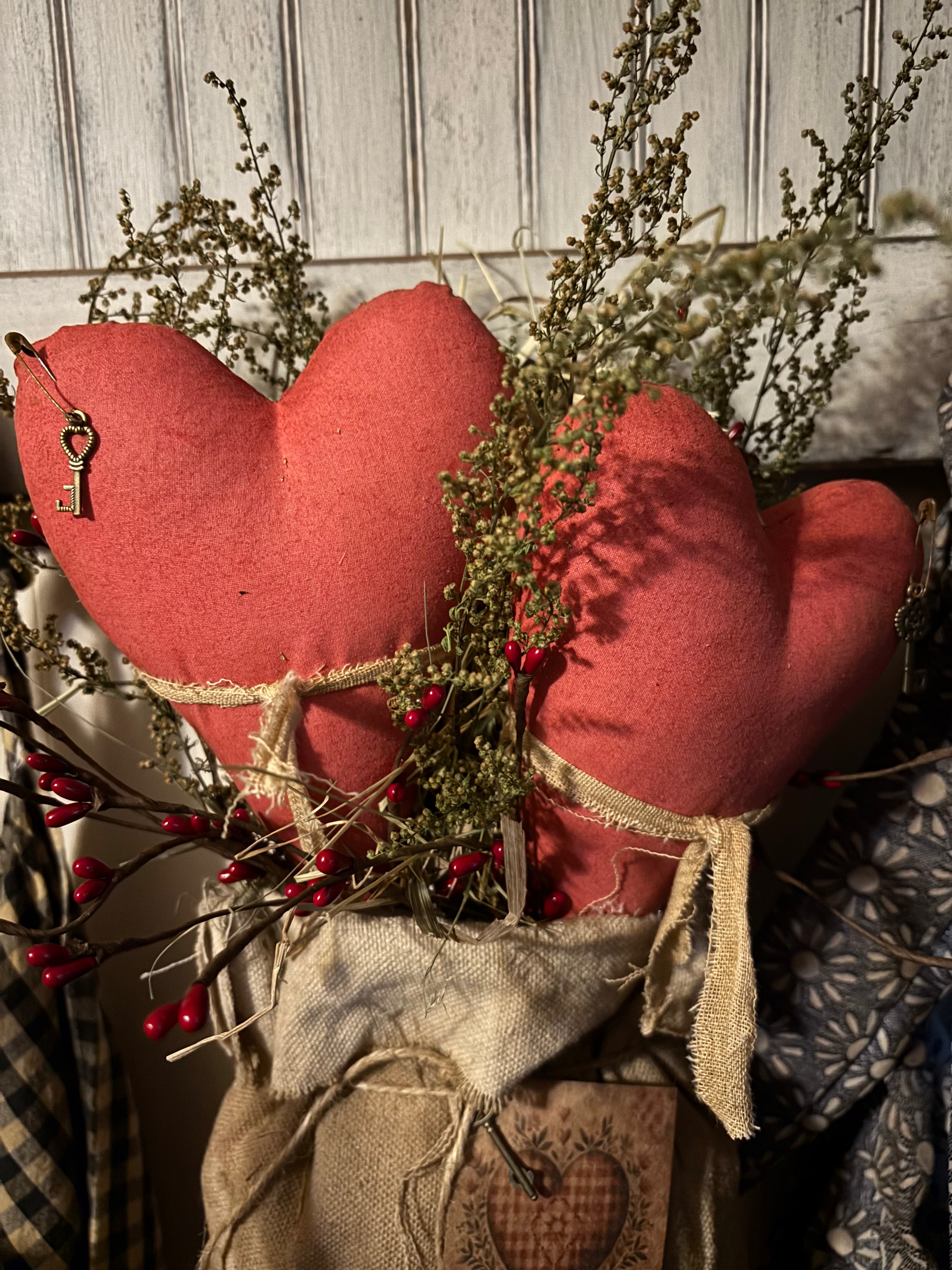 Primitive Valentines Two Hearts In Feedsac Bag 15x7