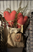 Primitive Valentines Two Hearts In Feedsac Bag 15x7