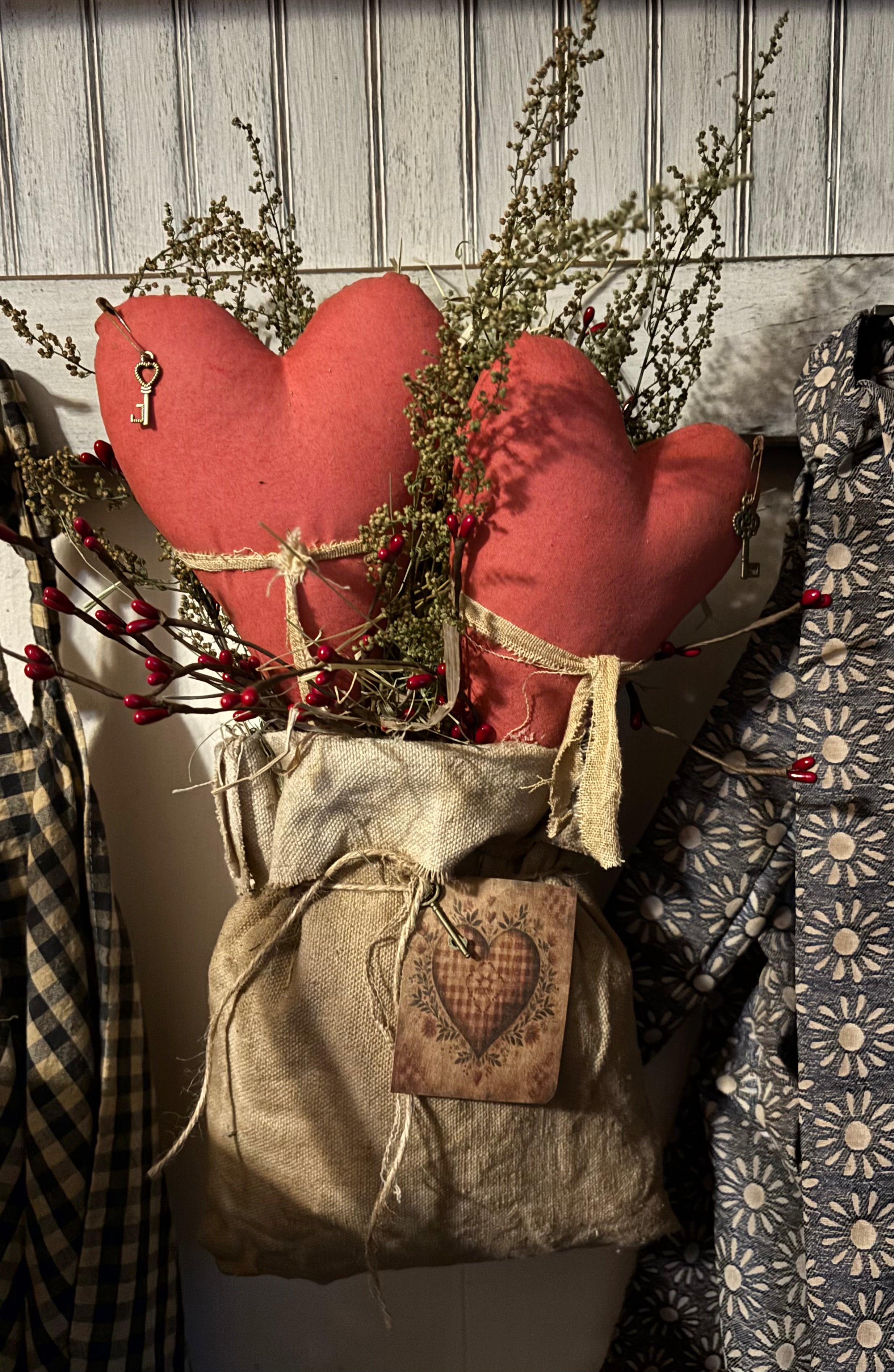 Primitive Valentines Two Hearts In Feedsac Bag 15x7