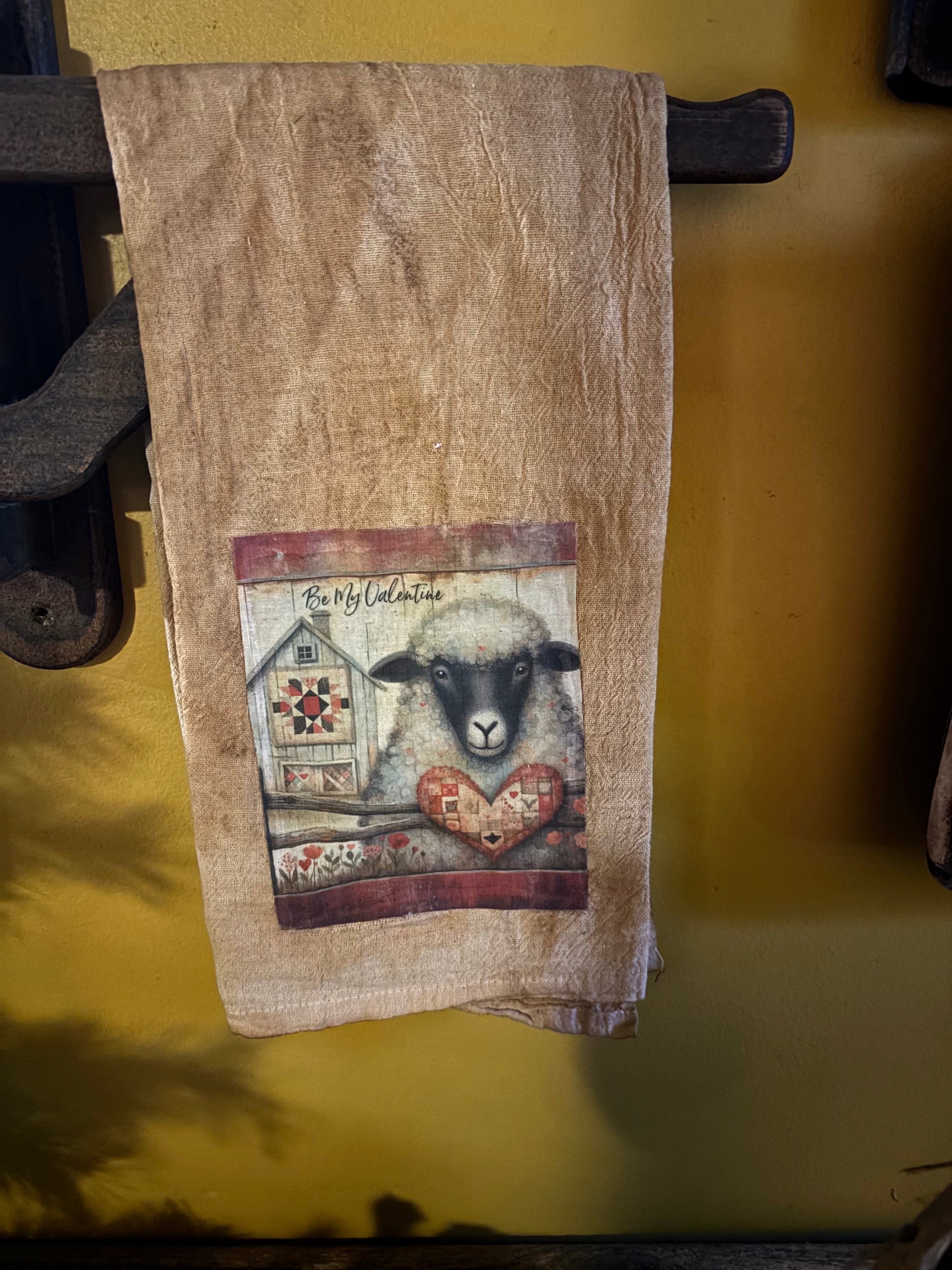 Primitive Valentines Flour Sac Towel With Picture 28x29