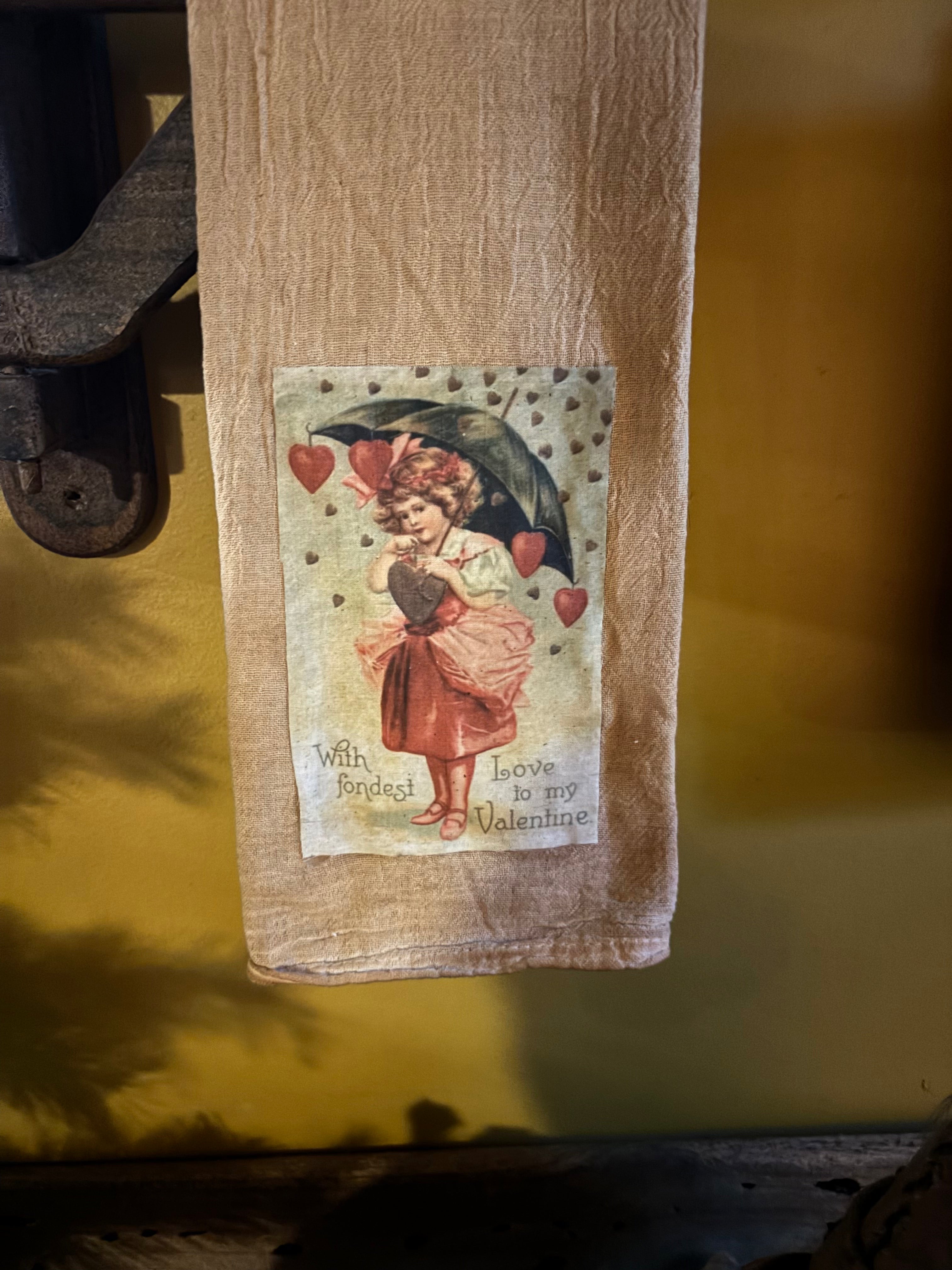 Primitive Valentines Flour Sac Towel With Picture 28x29