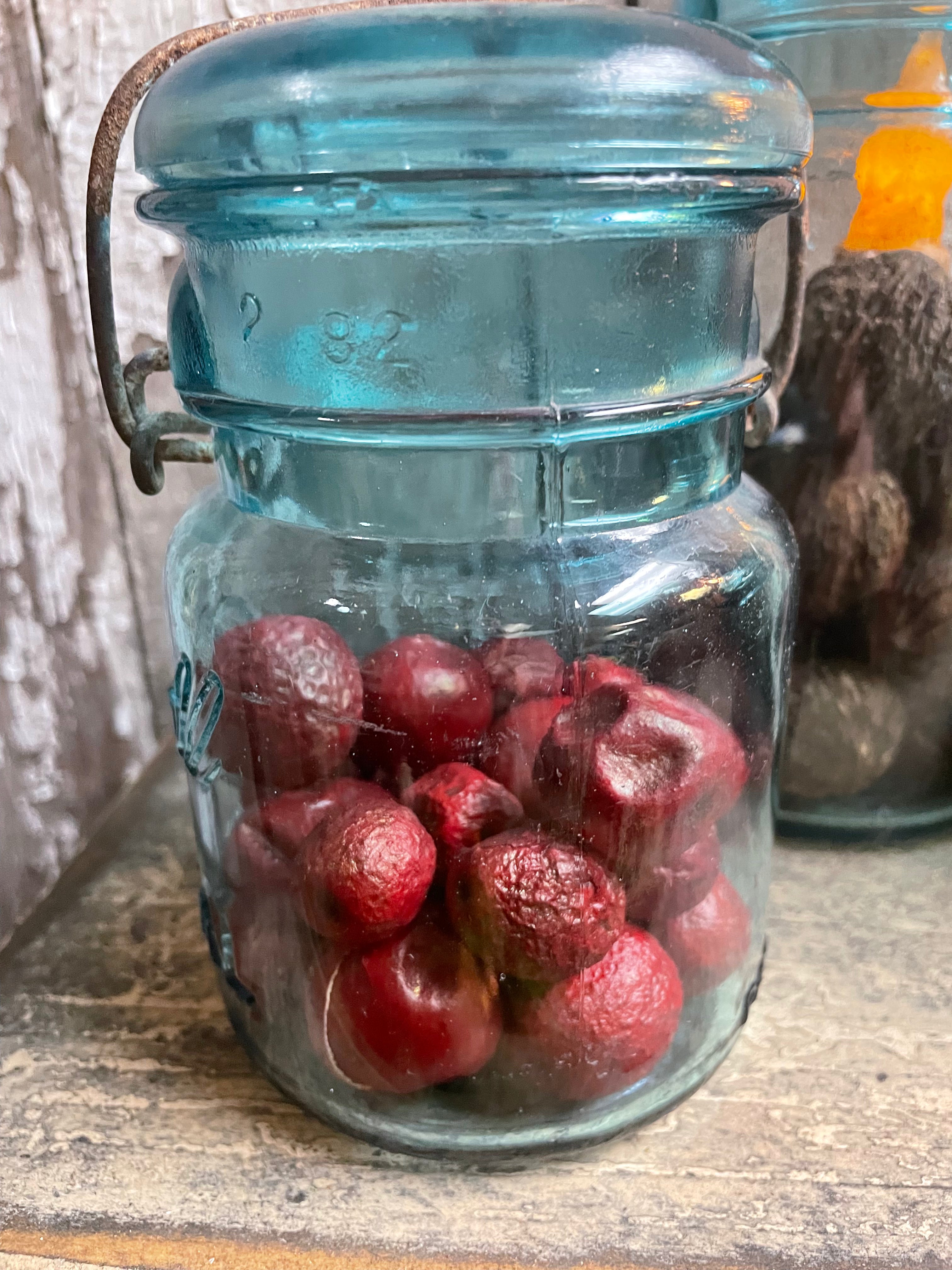 Antique Blue Ball Wire Pint Jar With Red Crabapples 5x3