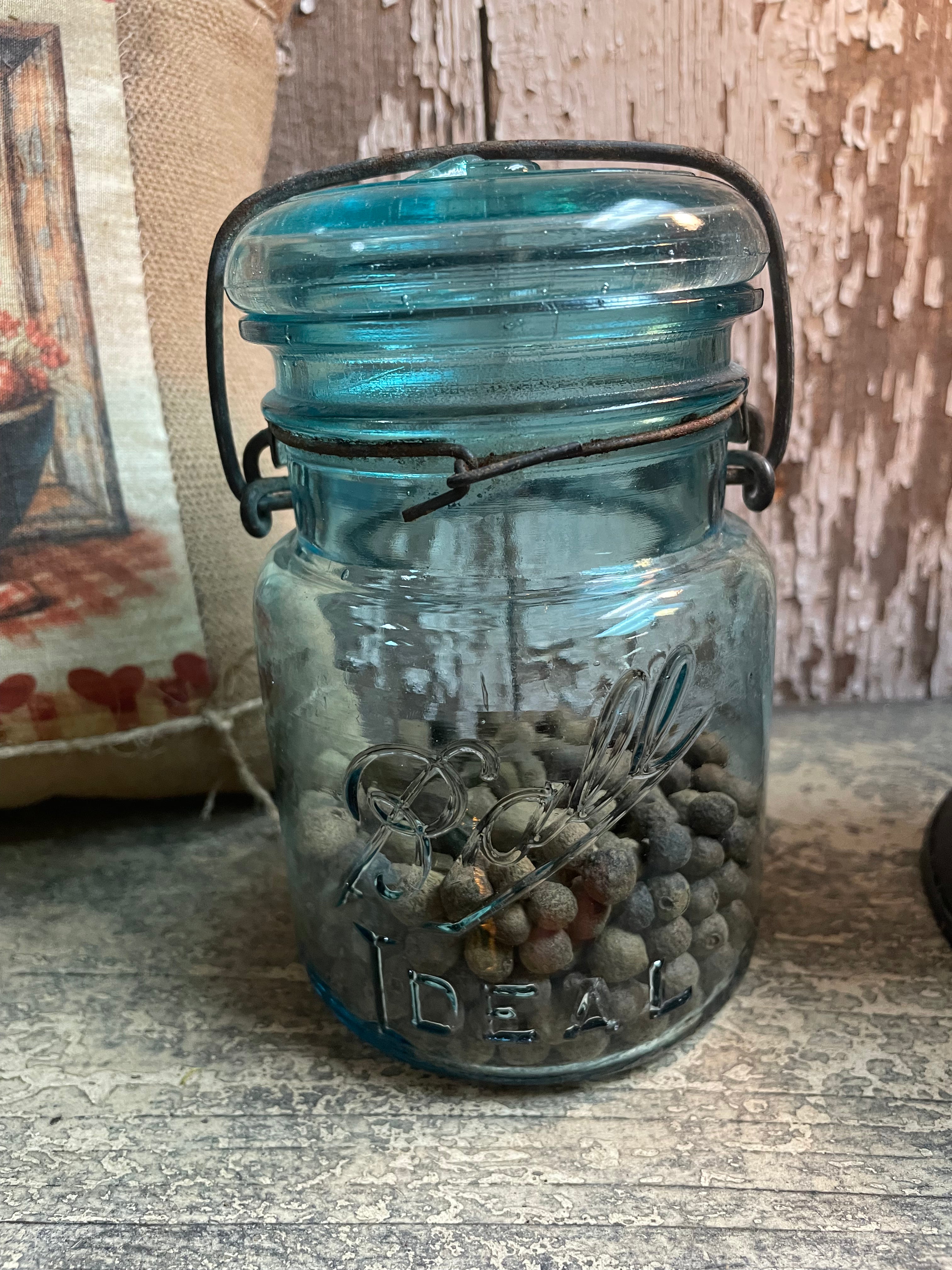 Antique Blue Ball Wire Pint Jar With All Spice 5x3