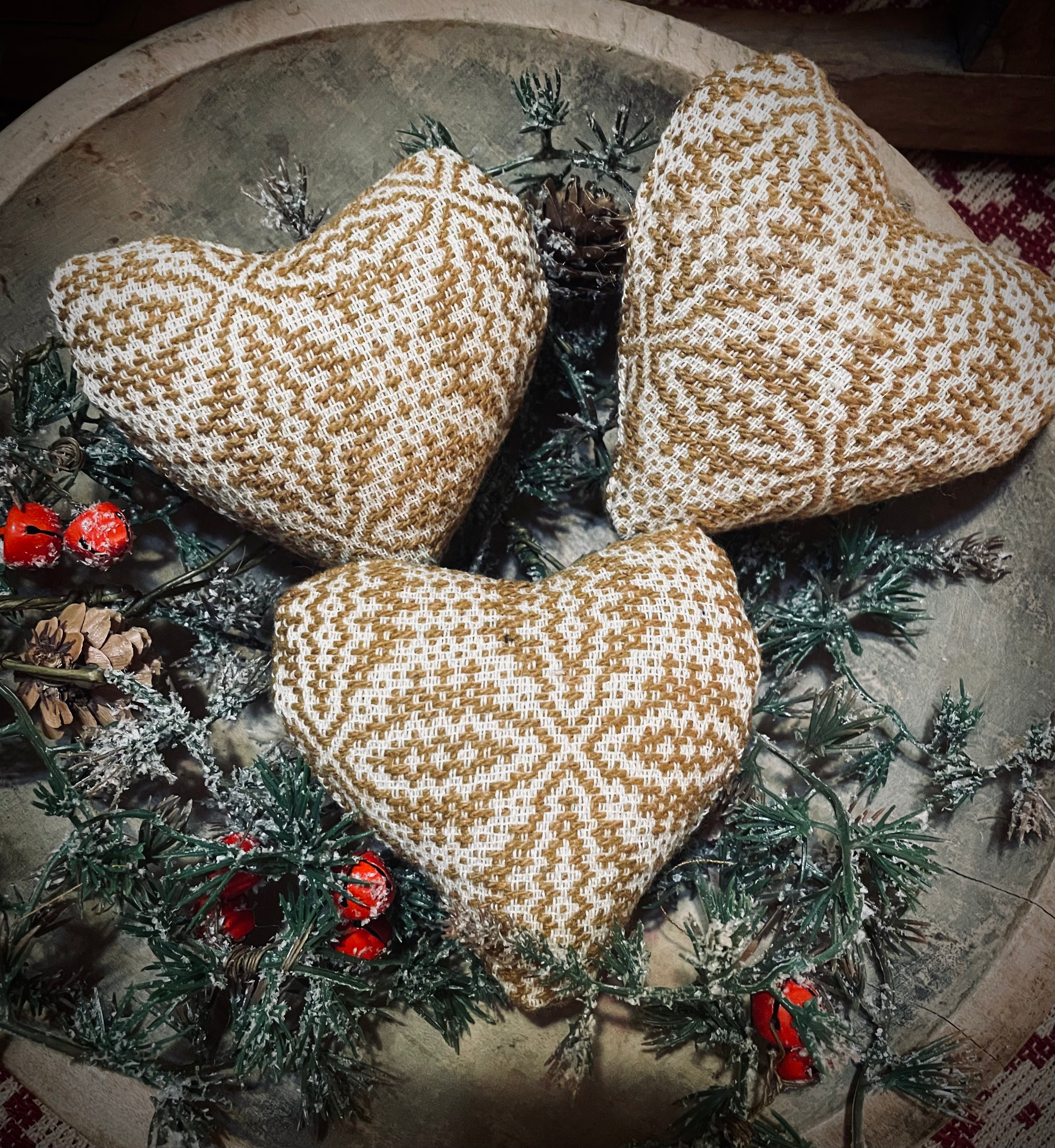 3 Primitive Handmade Valentines Coverlet Hearts Mustard 3x3