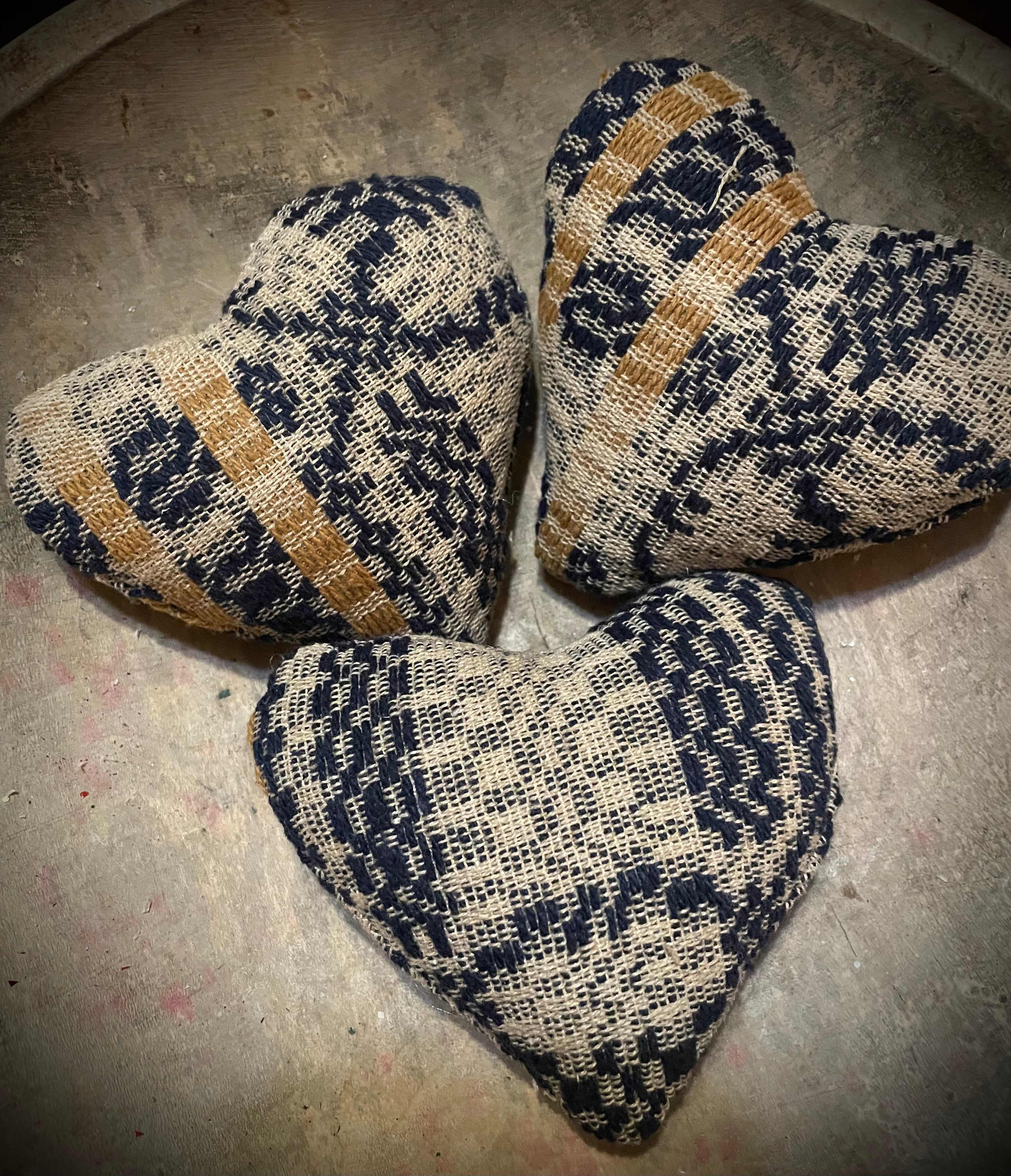 3 Primitive Handmade Valentines Coverlet Hearts Navy Blue 3x3