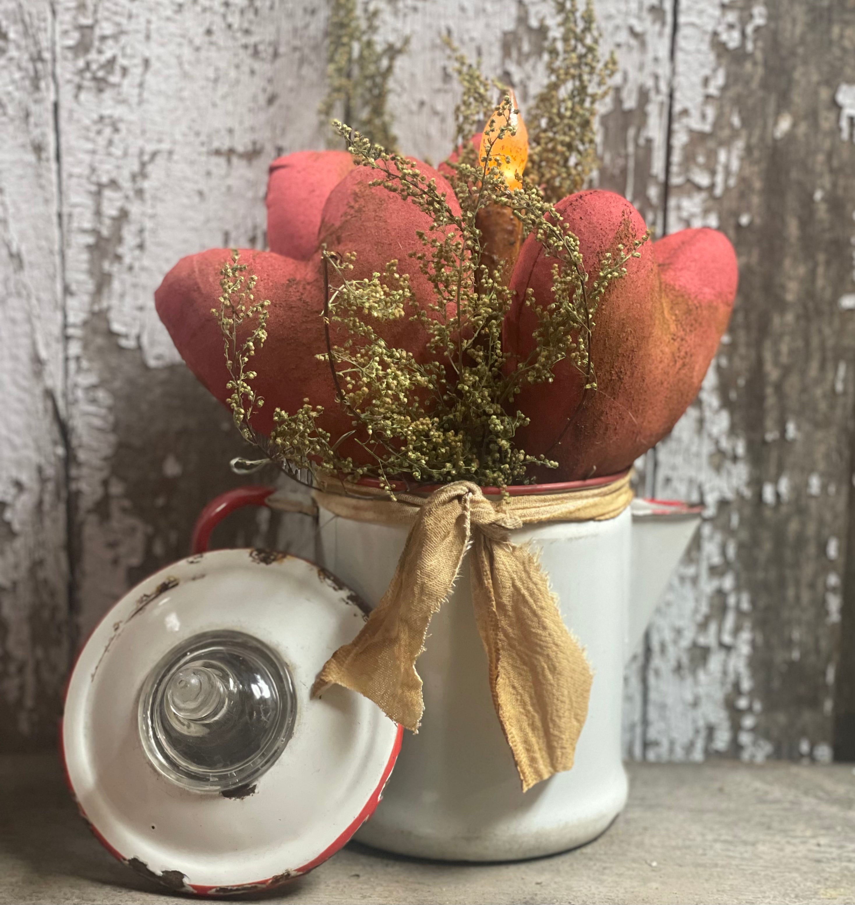 Primitive Valentines Hearts In Antique Enamelware Coffee Pot 13x10