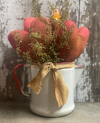 Primitive Valentines Hearts In Antique Enamelware Coffee Pot 13x10