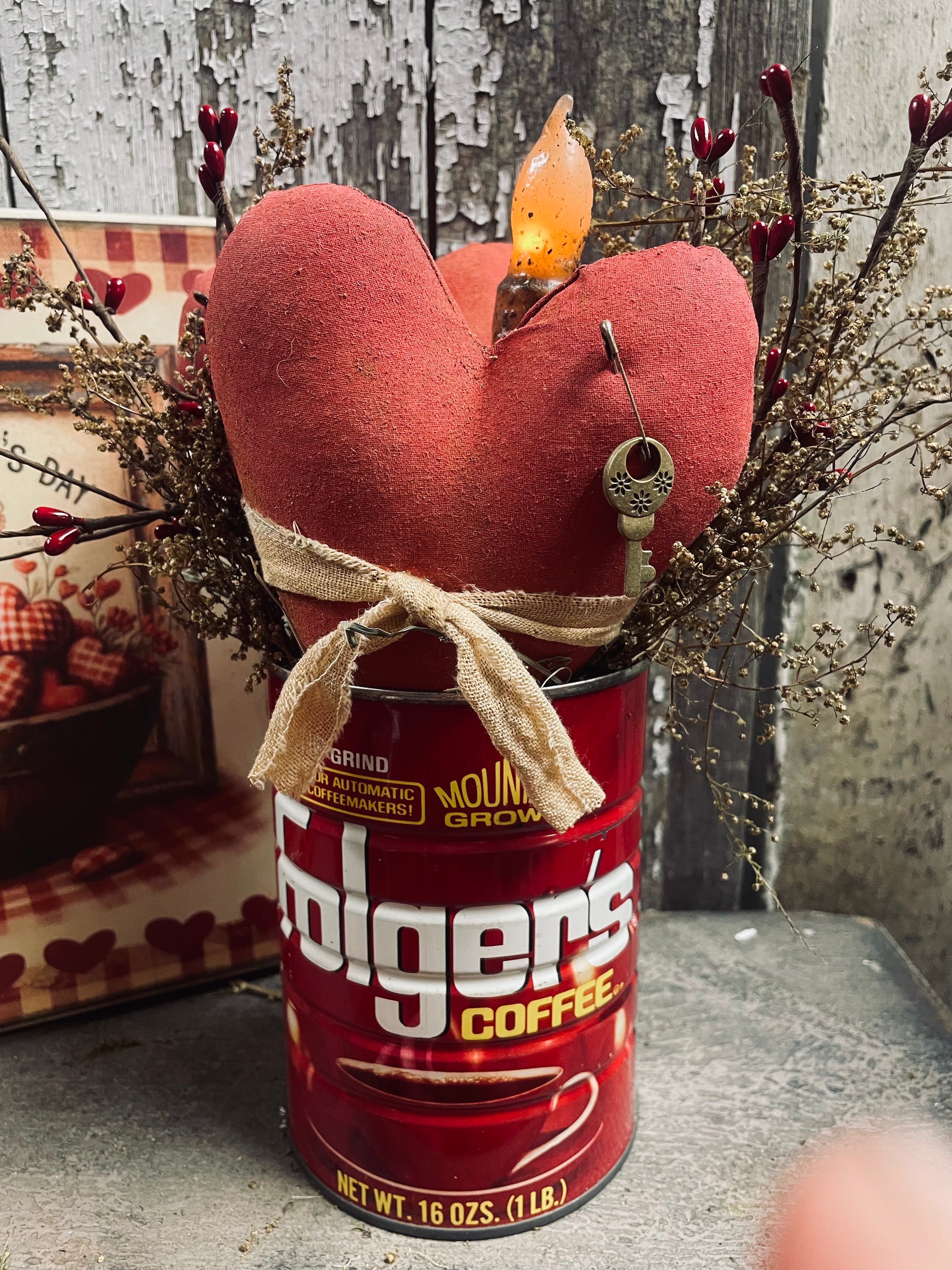 Primitive Valentines Hearts In Antique Vintage Folgers Can Gathering 11x5