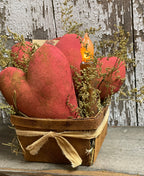 Primitive Valentines Hearts In Antique Berry Basket Gathering 9x5