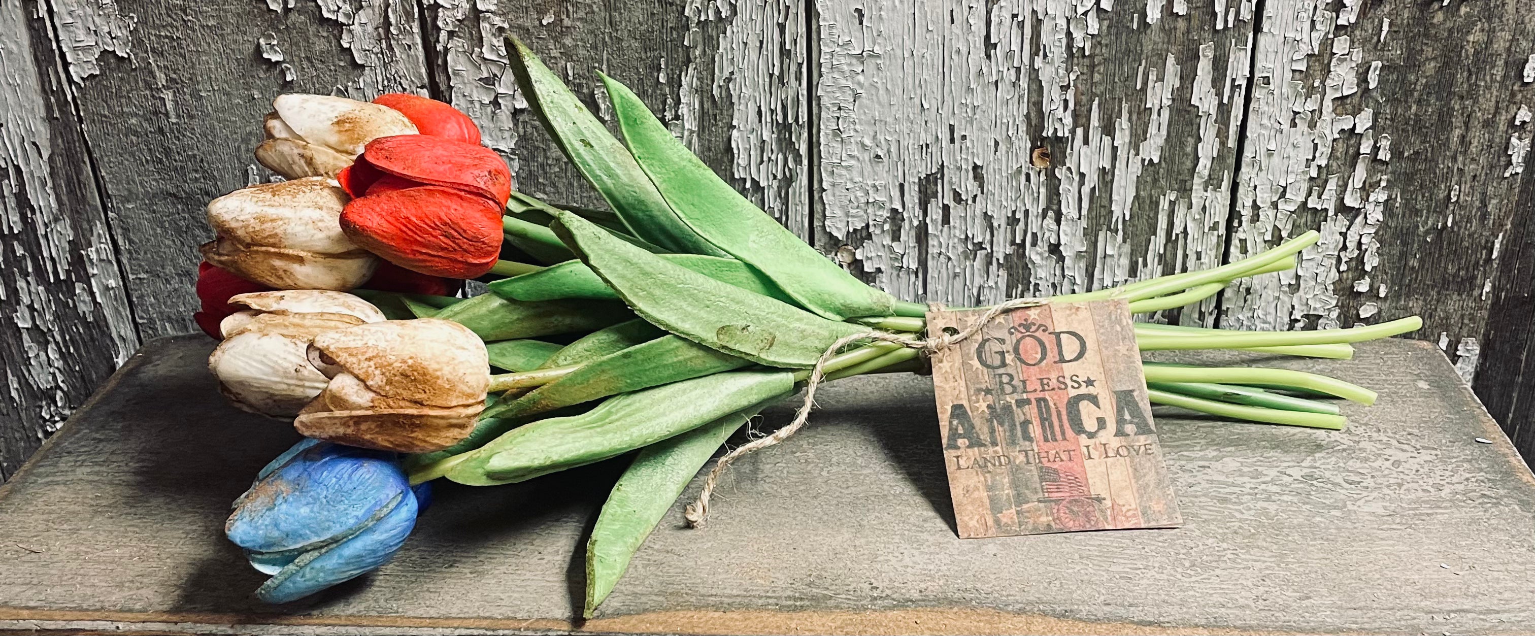 12 Primitive Grunged Red, White And Blue Faux Tulips 14x1