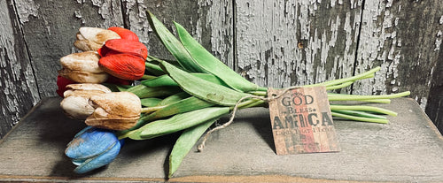 12 Primitive Grunged Red, White And Blue Faux Tulips 14x1